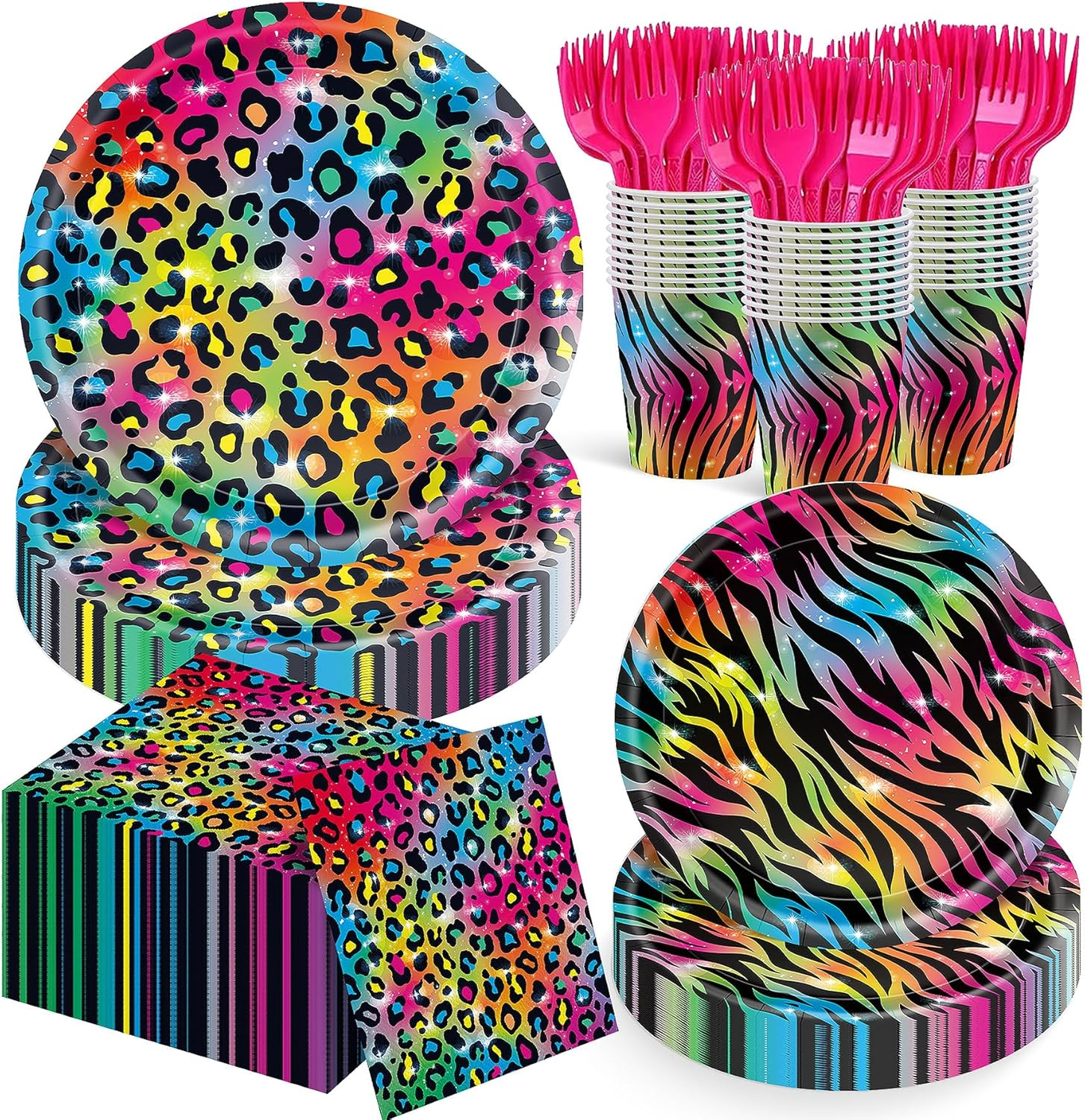 120Pcs Neon Rainbow Leopard Birthday Party Supplies Sparkly Splatter Paper Tableware Set Include Leopard Plates Napkins Tiger Print Cups for Girls Neon Cheetah Birthday Party Decorations Serve 24