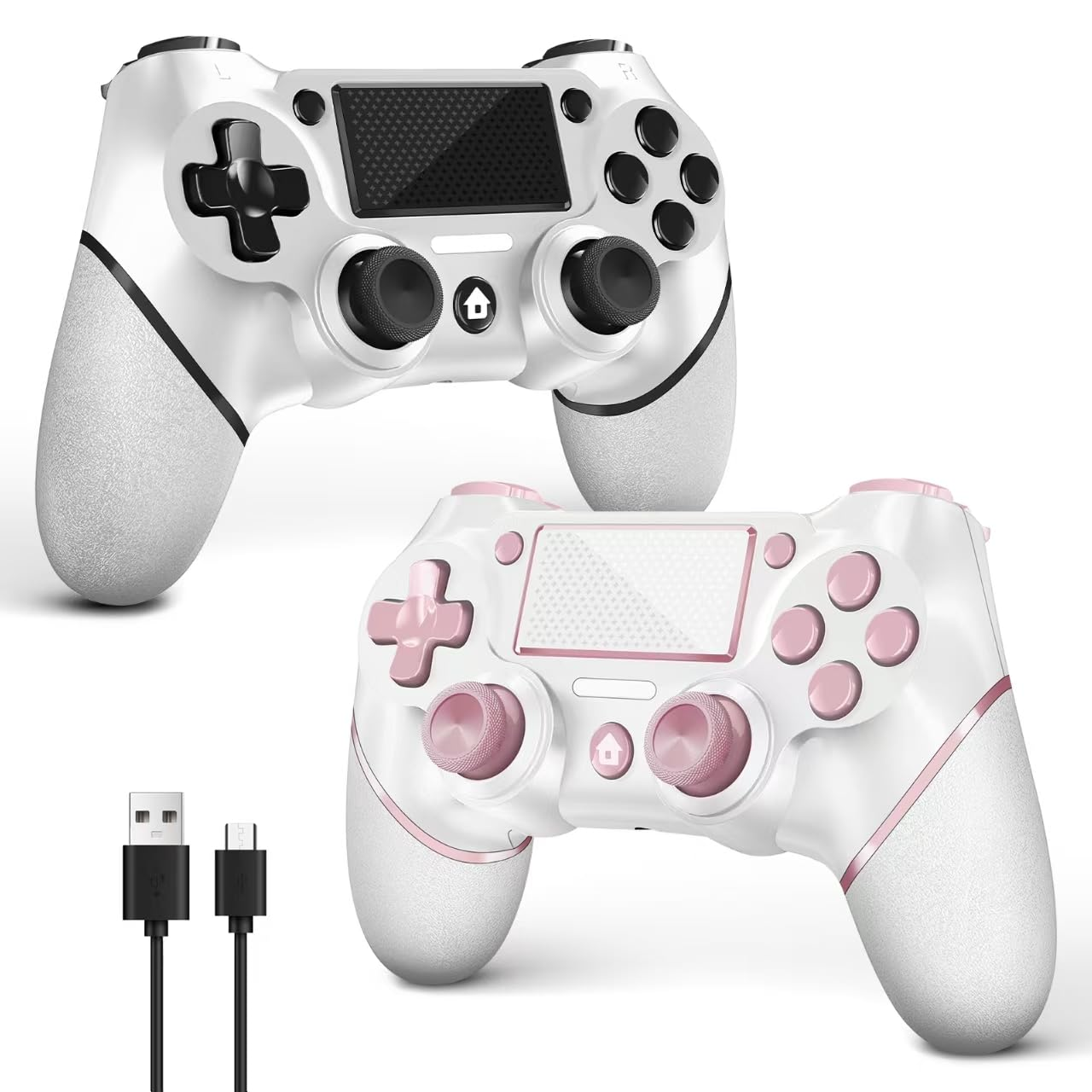 2 Pack for PS4 Controller, Wireless Controller for Ps4/Pro/Slim/Pc, with Non-Slip Grip of Both Sides,3.5Mm Audio Jack and USB-C Cable! (Pink and White)
