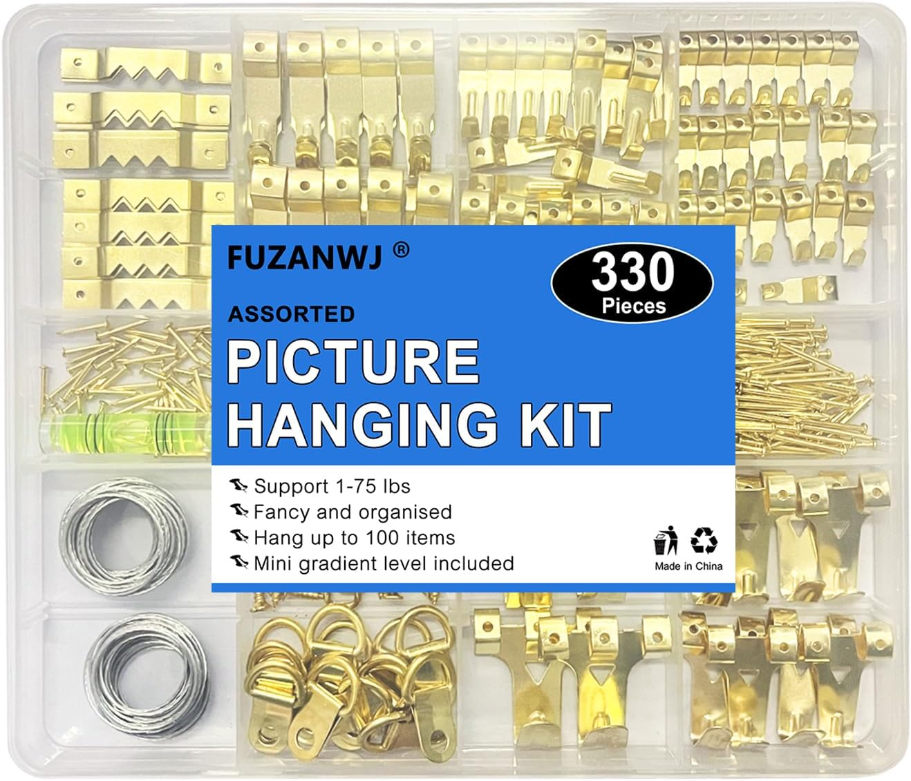 330Pcs Picture Hangers Kit - Holds 10-75Lbs, with Hanging Wire, Ring Hooks, D Rings, Sawtooth Hangers for Frame, Canvas, Mirror Decoration