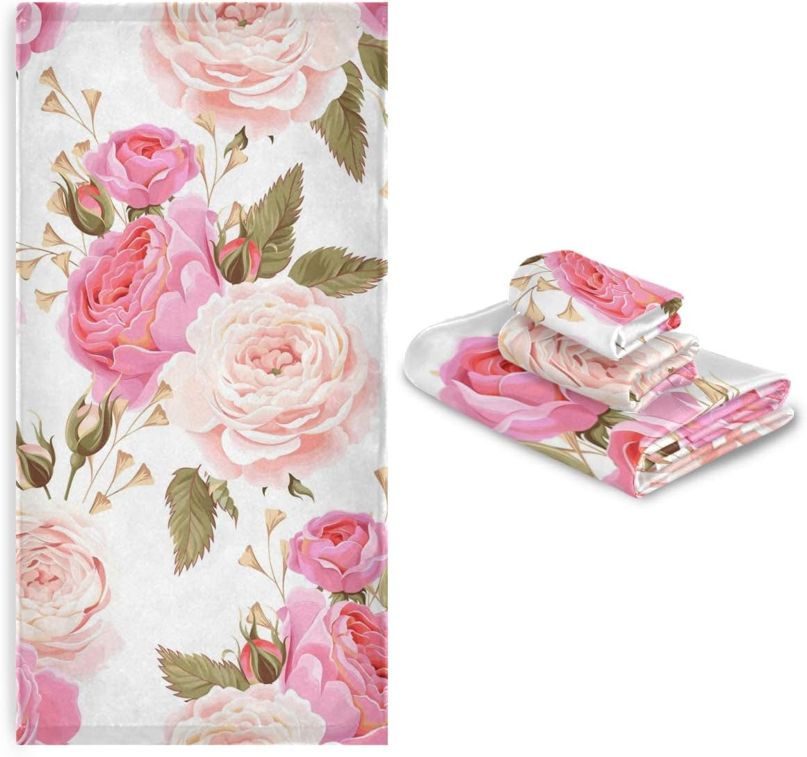 3 Piece Bath Towel Set, Soft Highly Absorbent Bathroom Towels Beautiful Floral Pink Roses Fashion Print Quality Towels (Set of 3, 1 Bath Towel, 1 Hand Towel & 1 Washcloth)