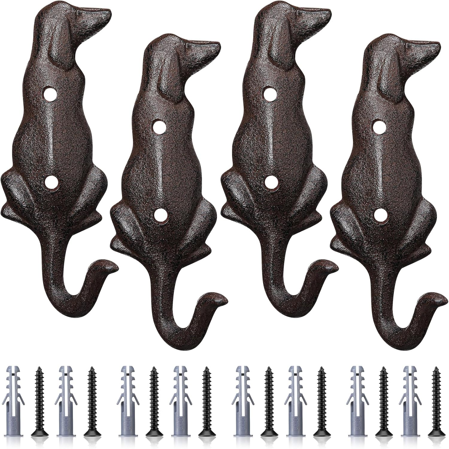 4 Pack Cast Iron Dog Tail Hooks for Wall Heavy Duty Dog Leash Holder Cast Iron Dogs Decorative Hooks with Screws & Anchors Vintage Dogs Tail Hook Rustic Wall Hook for Leash, Collar, Towel, Bag