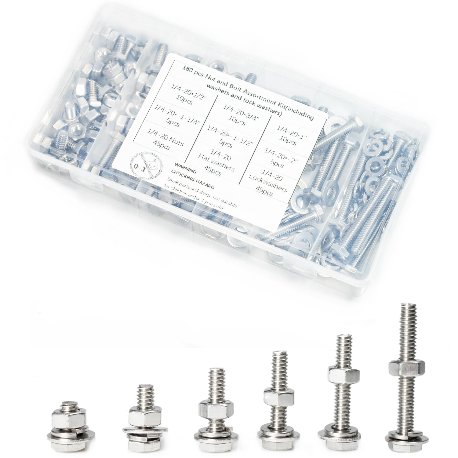 180 Pcs SAE Stainless Steel Nuts and Bolts Assortment Kit, Including 6 Sizes 1/4-20 Hex Bolts,Flat Washers, Lock Washers. Packaged by Plastic Box, Made by 304 Stainless Steel
