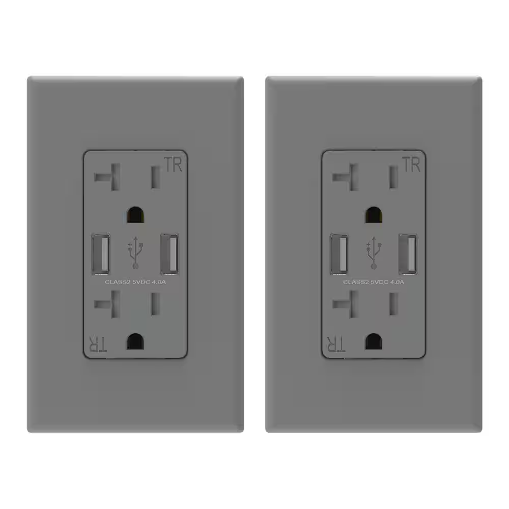 4 Amp USB Dual Type a In-Wall Charger with 20 Amp Duplex Tamper Resistant Outlet, Wall Plate Included, Gray (2-Pack)