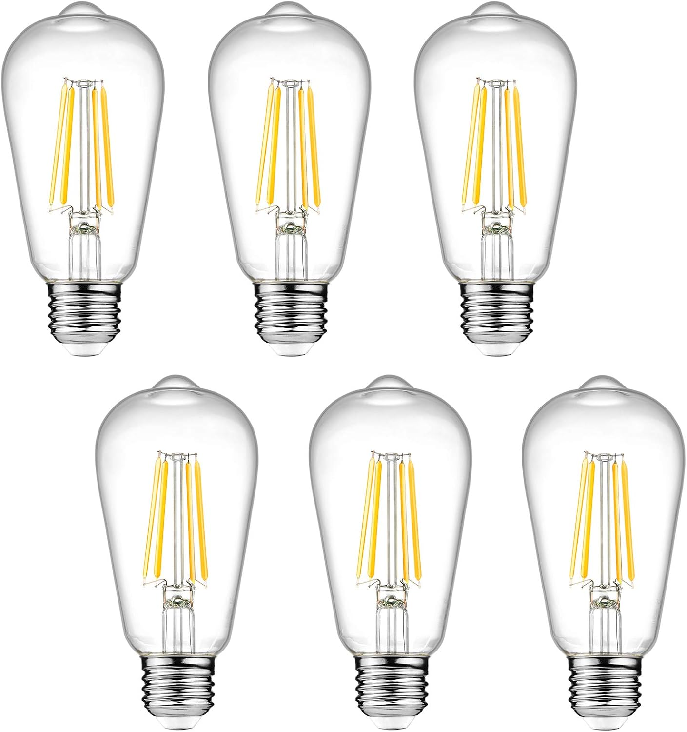 Dimmable Vintage LED Edison Bulbs, 6W, Equivalent 60W, 700lm, Warm White 2700K, 80+ CRI, ST58 Antique LED Filament Bulbs, E26 Medium Base, Clear Glass, Pack of 6