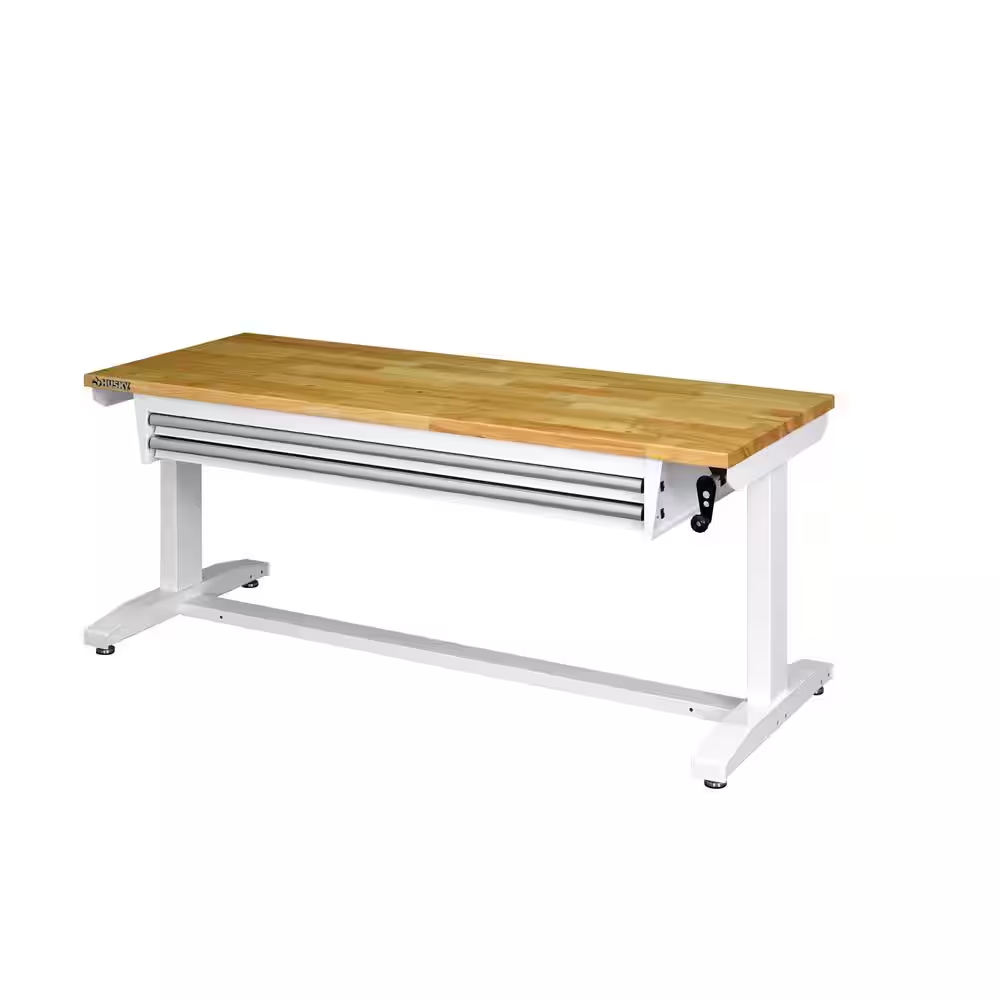 Adjustable Height Work Bench Table 2-Drawer 62 in White