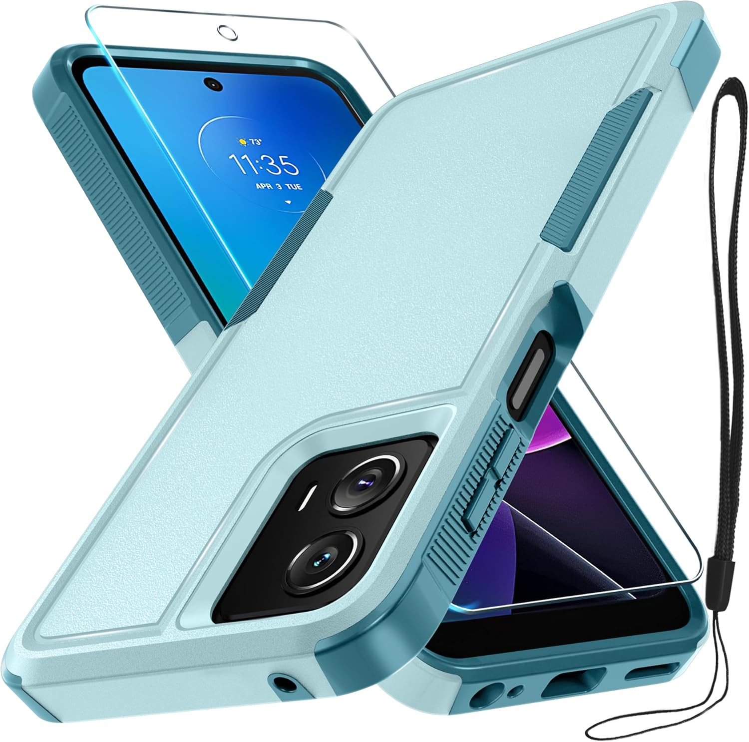 RMOCR Case Compatible with Moto G Power 5G 2024, Full Body Heavy Duty Rugged Shockproof Protective Phone Cover with Lanyard Strap, Tempered Glass Screen Protector, Mint Green