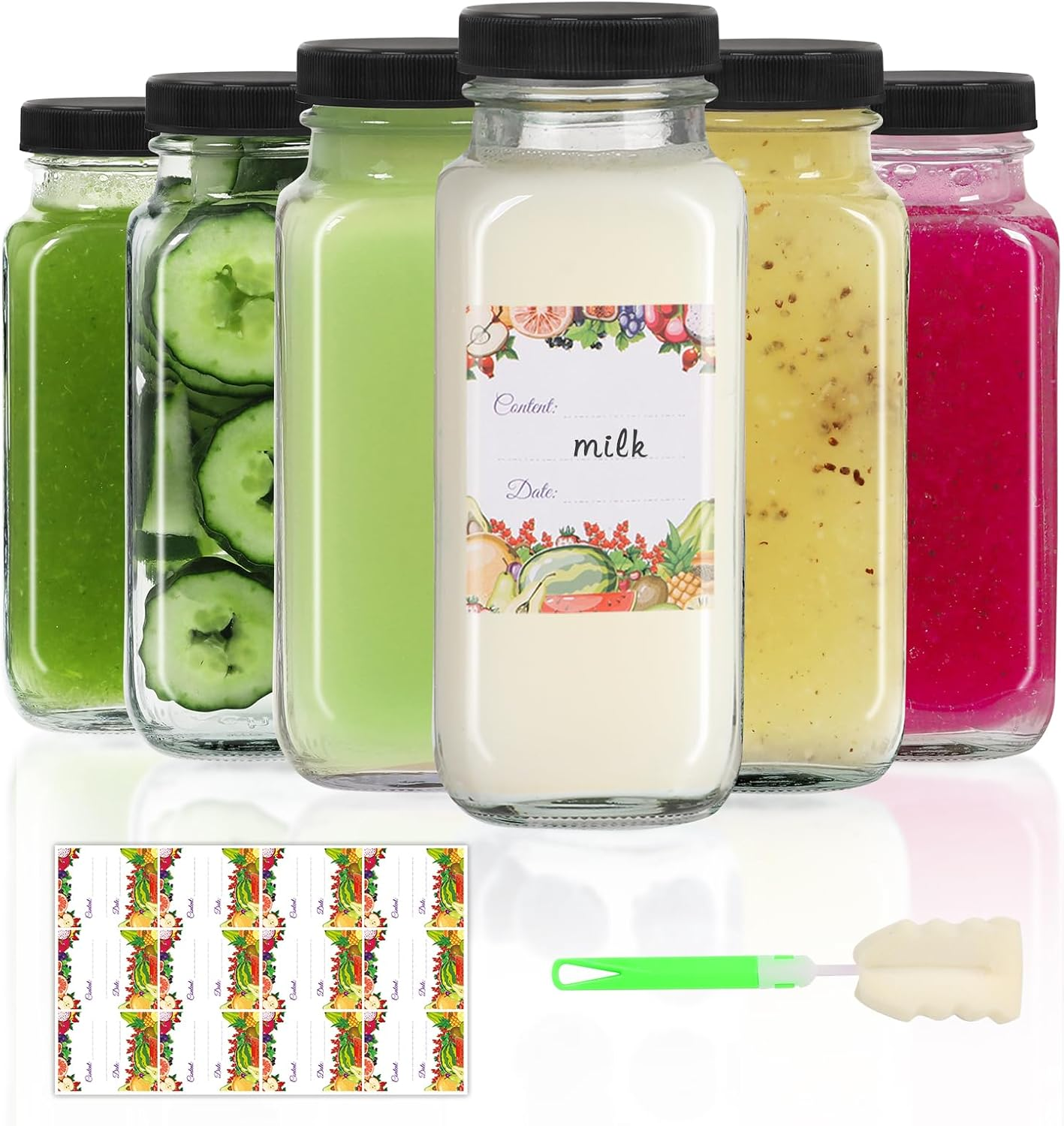 Aurotrends 8 Oz Glass Bottles with Lids - 6Pack, 250Ml Glass Juicing Bottles