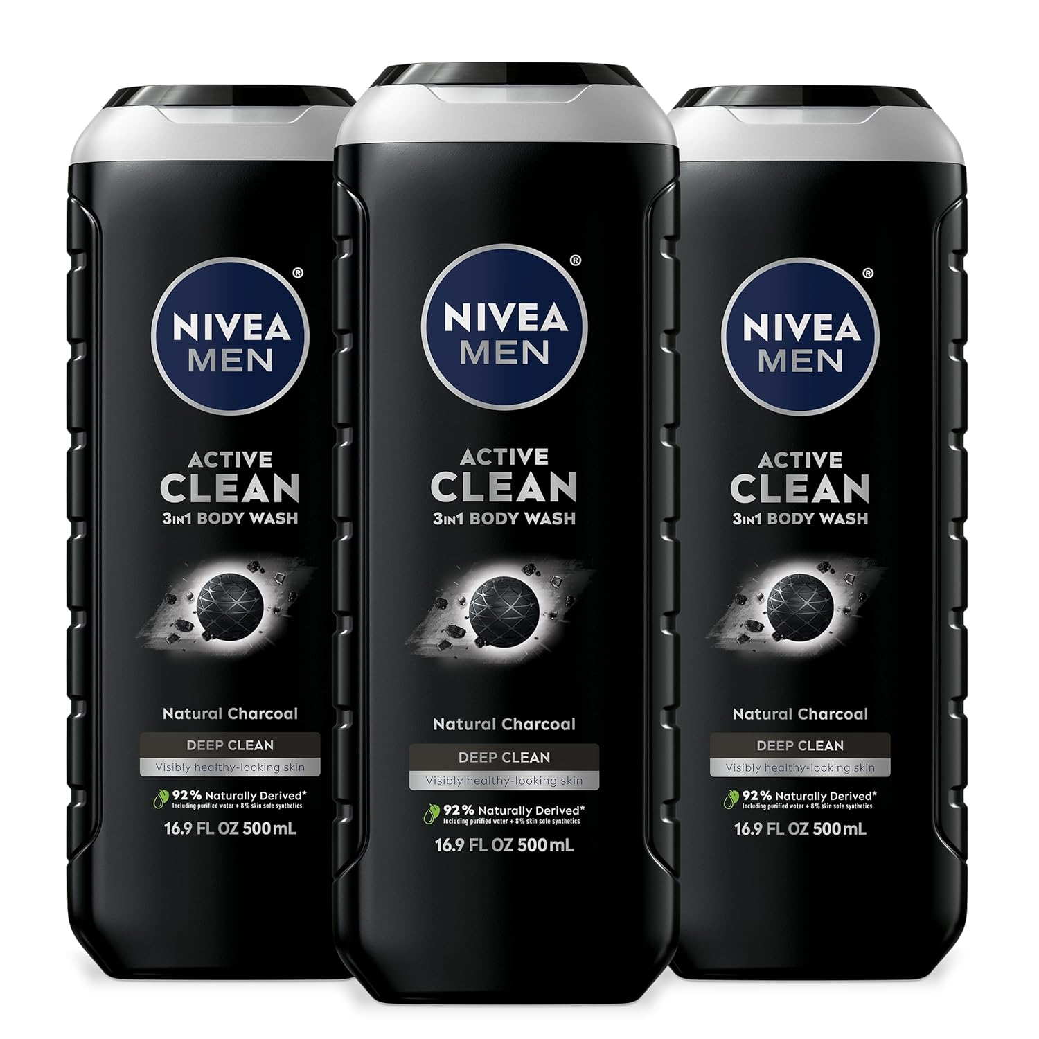 Active Clean Body Wash with Natural Charcoal for Normal to Oily Skin, 3-In-1 Charcoal Body Wash, Face and Hair, Draws Out Dirt and Impurities, 16.9 Fl Oz Bottle, Pack of 3