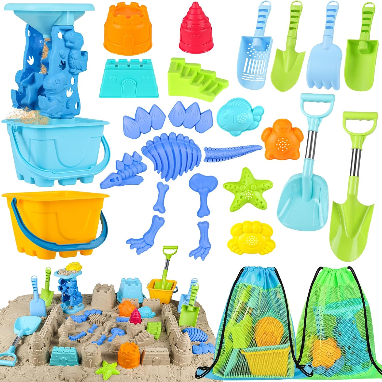 Beach Toys for Kids Toddlers, Sand Castle Toys with Bucket, Water Wheel, Long Shovel, Dinosaur Travel Sand Toys for Beach & Mesh Bag, Sandbox Essentials Toy for Toddlers Kids Baby Boys Girls Age 3-10