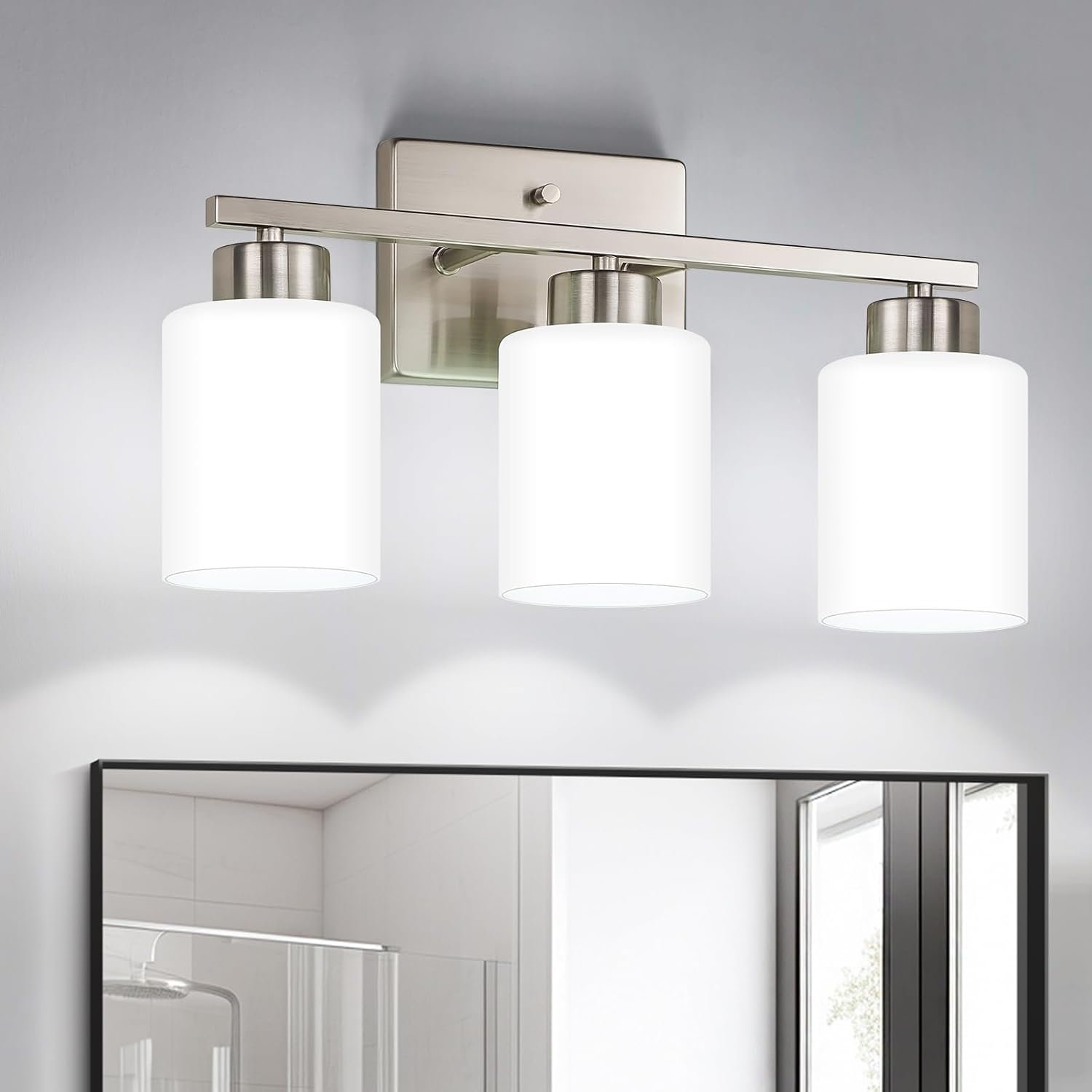 Brushed Nickel Bathroom Light Fixtures, 3-Light Modern Vanity Light over Mirror, Wall Sconces with Milky White Frosted Glass Shades, E26 Socket (Bulbs Not Included)