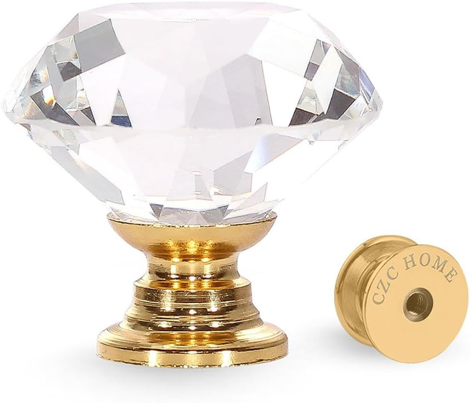 CZC HOME 25 PCS Diamond Crystal Glass Pull Handle Cabinet Knobs Cupboard Drawers Cabinet Dresser Bookcase Wardrobe (30Mm, Gold)