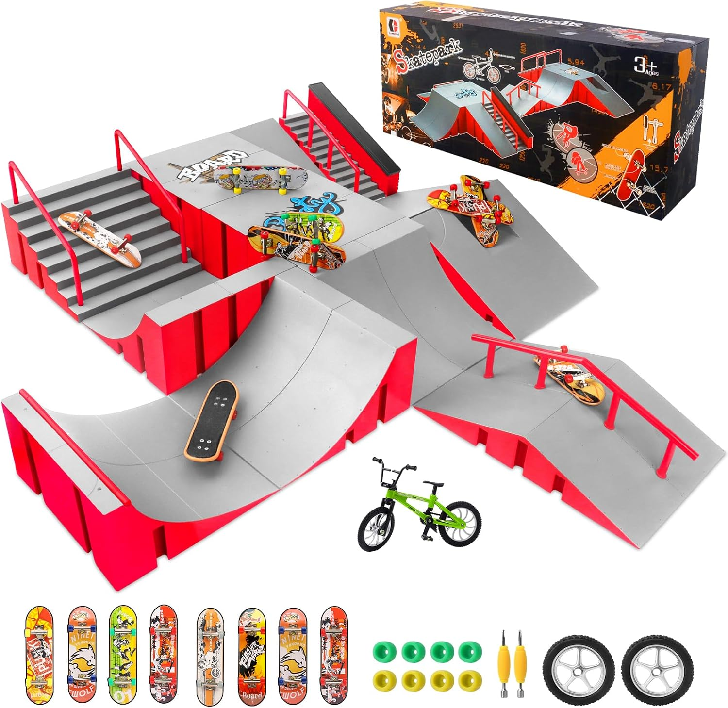Finger Skateboard Park Kits,14 in 1 Skateboard Finger Toys with 8 Finger Skateboards & 14 Skatepark Deck Ramp,Finger Bike for Boys or Girls Gift,Mini Finger Skateboards Ramp Accessories Set