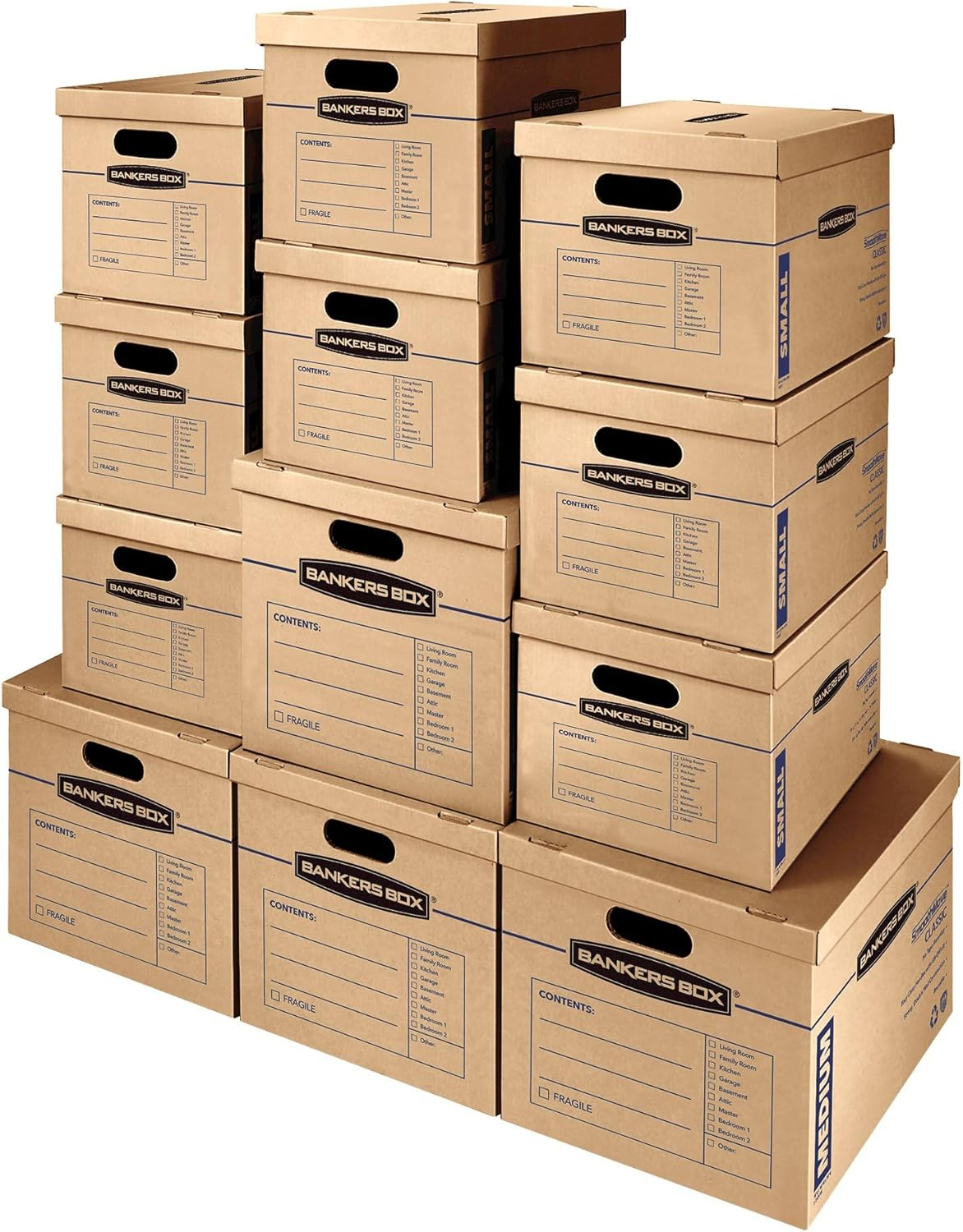 Classic Moving Box 12 Pack Kit, Reinforced Handles, Tape-Free Assembly, Box with Lid, 8 Small and 4 Medium Boxes (7716401)