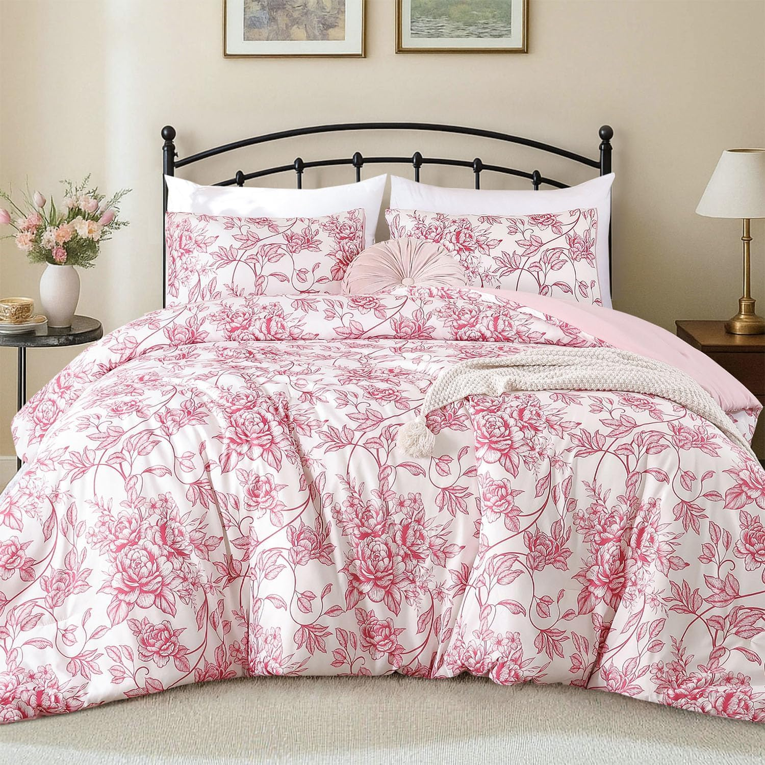 Queen Size Comforter Set Pink Comforter Floral Peony Pattern Bedding Sets 3 Piece Flowers Soft Lightweight Warm Breathable 1 Bed Comforter (90
