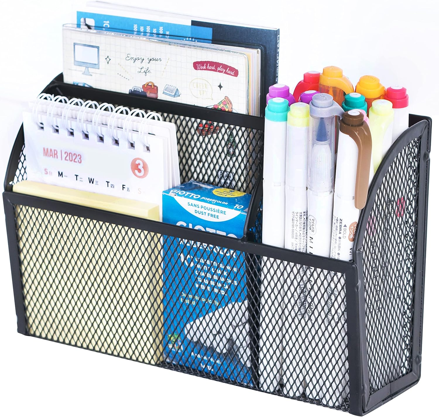 Magnetic Pencil Holder Magnetic Shelf for the Whiteboard 3-Grid Mesh Magnetic Pen Holder for Refrigerator Magnetic Organizer Locker Accessories Organizer for Home, School and Office, Black