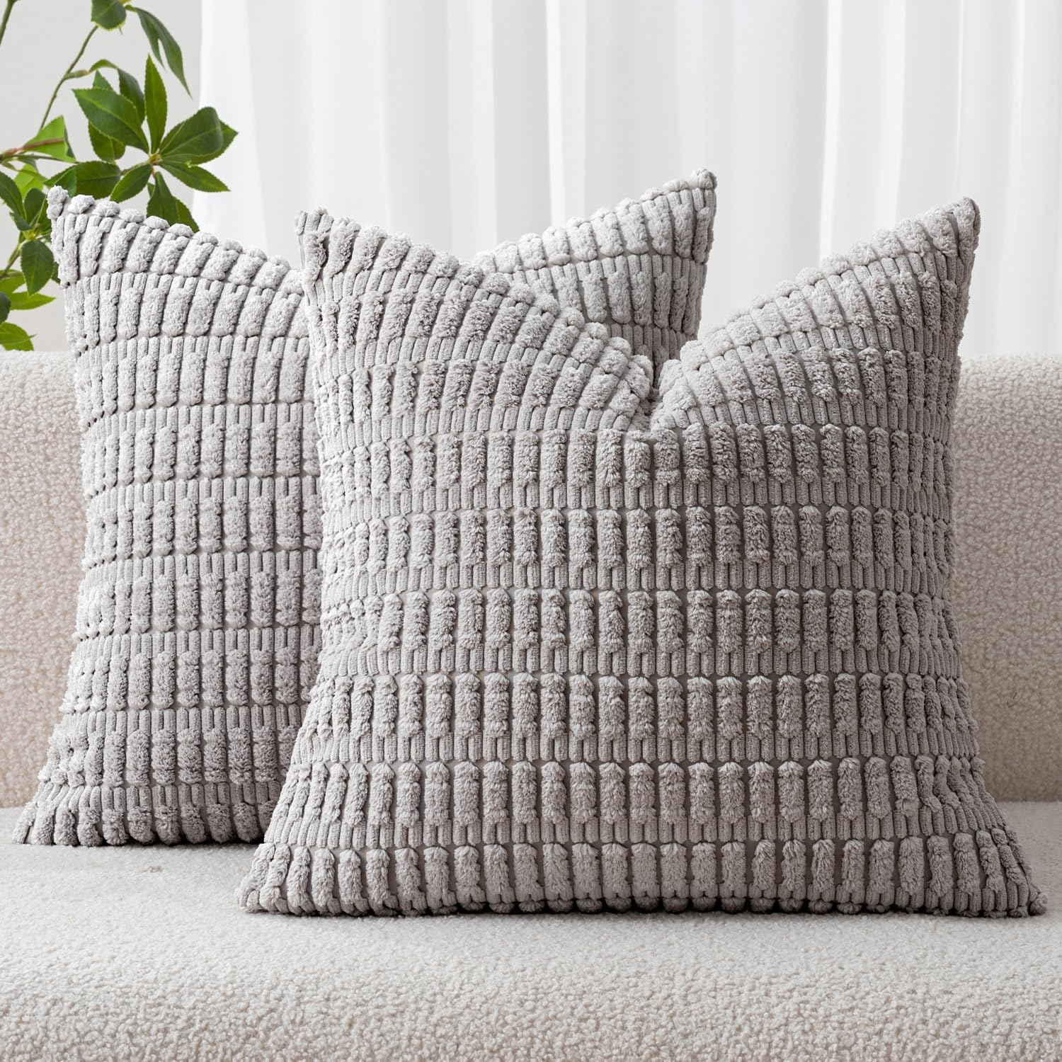 Pack of 2 Corduroy Decorative Throw Pillow Covers 20x20 Inch Soft Boho Striped Pillow Covers Modern Farmhouse Home Decor for Sofa Living Room Couch Bed Light Grey