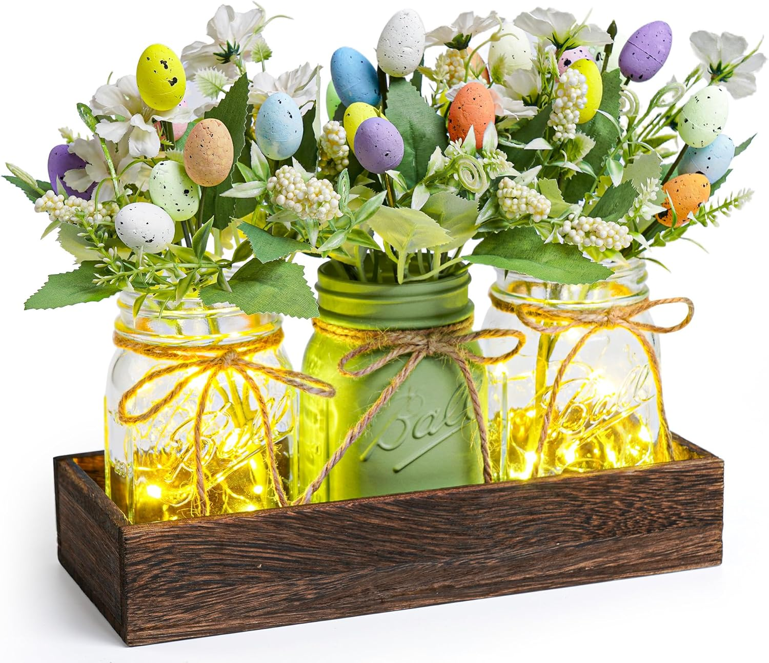 Easter Centerpiece Table Decorations for Table Runner Farmhouse Coffee Table Decor with Wood Tray and Led Light Table Centerpieces for Dining Room Kitchen Living,Green