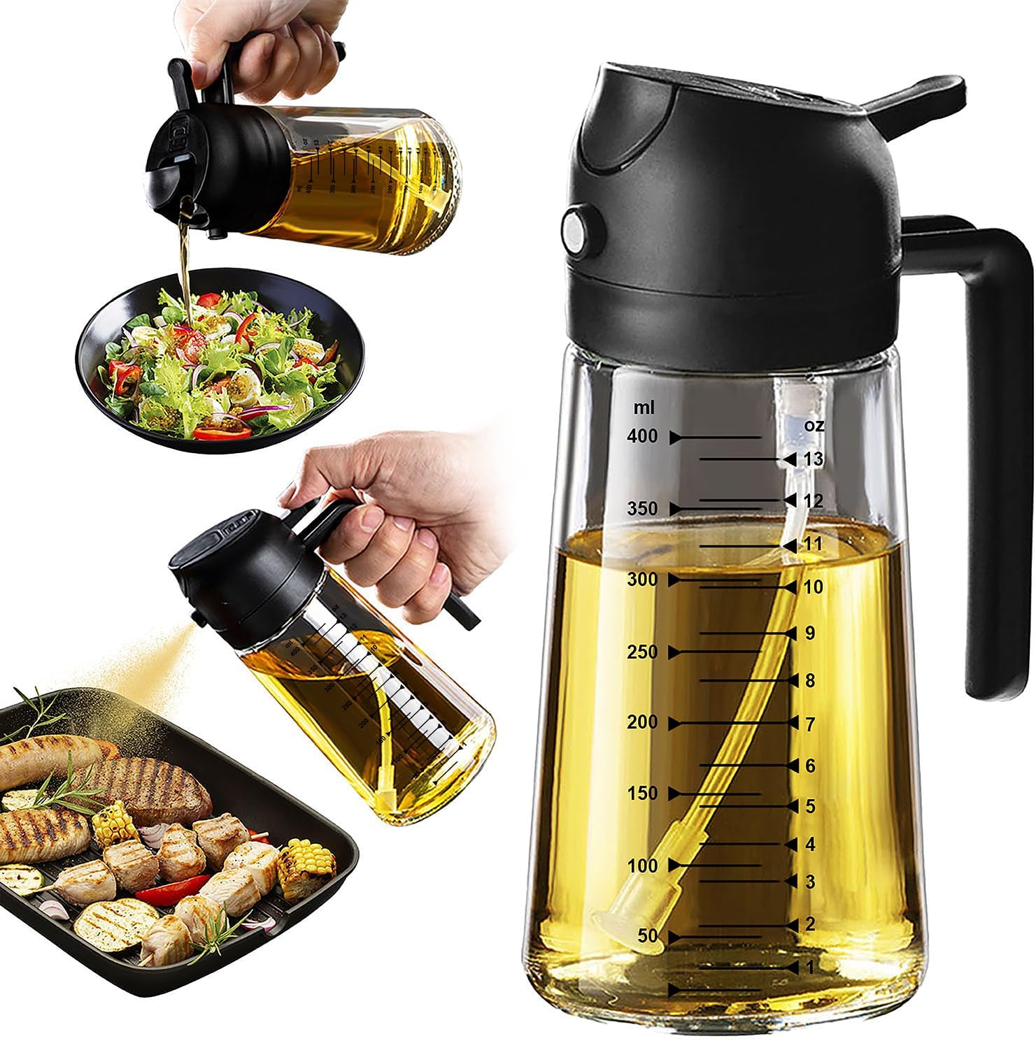 Trendplain 16Oz/470Ml Glass Olive Oil Sprayer for Cooking – 2 in 1 Olive Oil Dispenser Bottle for Kitchen Gadgets and Air Fryer Accessories, Salad, BBQ - Black