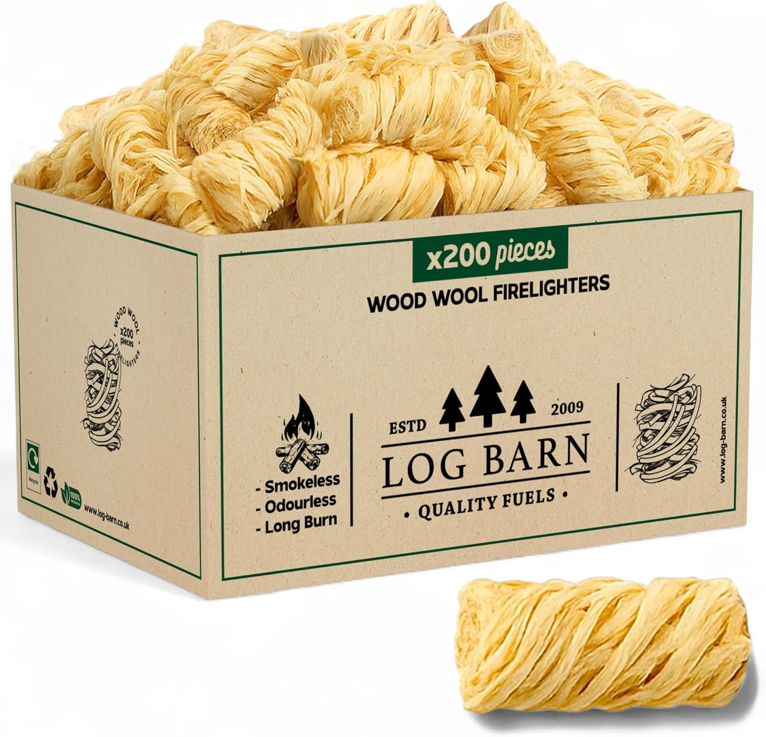 Log Barn Natural Firelighters Box of 200. Fire Lighters for Wood Burners, Pizza 