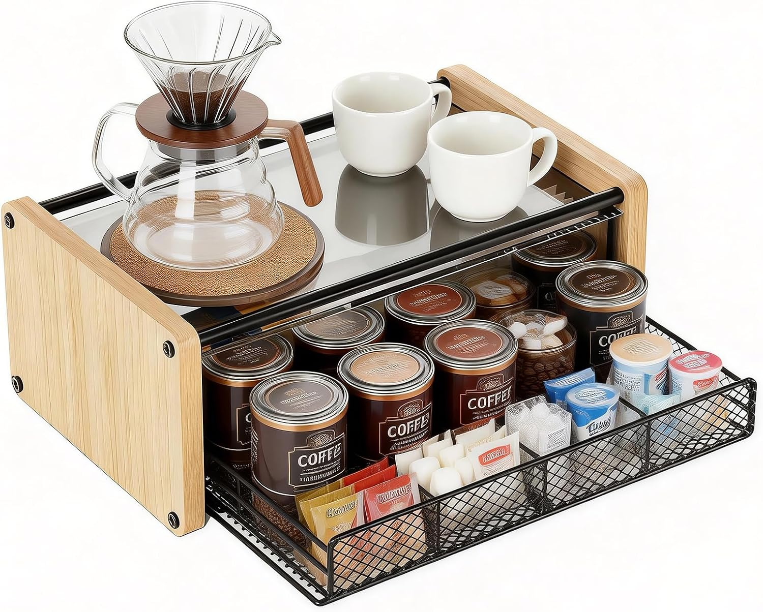 Tea Bag Organizer 2 Tier Tea Bag Holder with 8 Compartments Wooden Tea Organizer and Storage Tea Station Chest for Kitchen, Countertop, Office, Tea Station