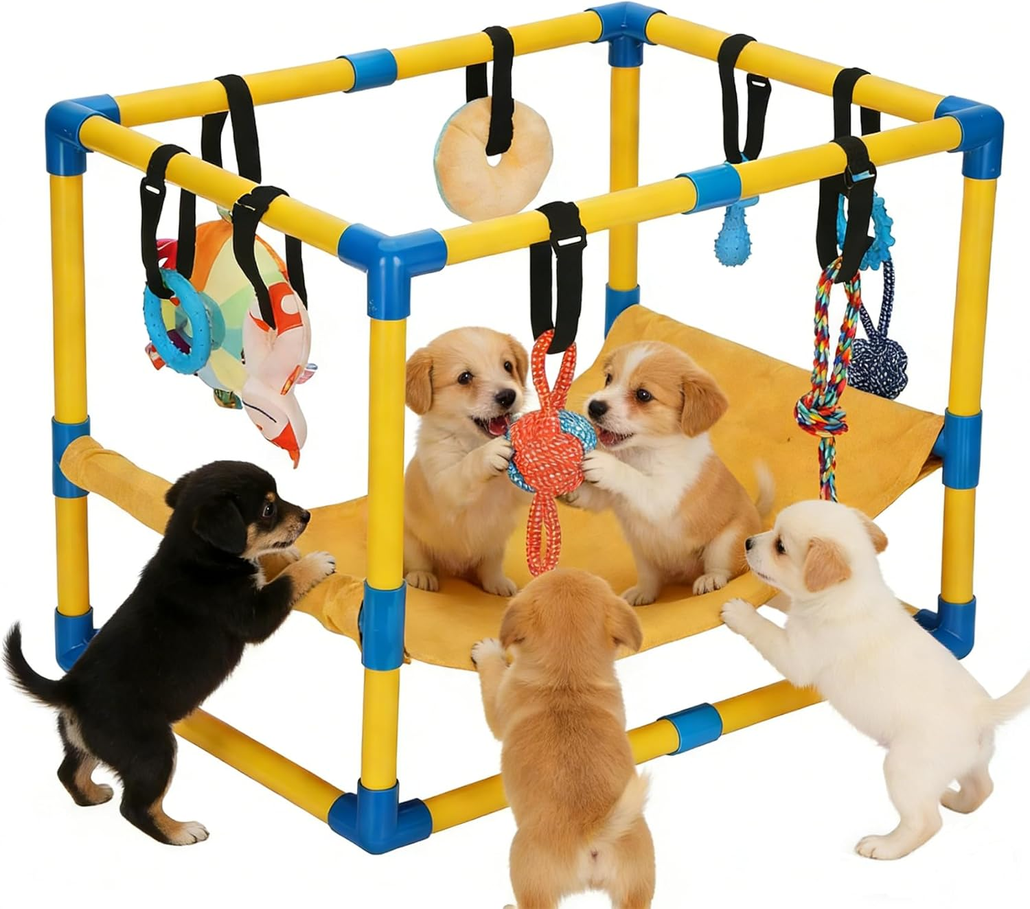 Puppy Play Gym with 8 Hanging Toys, Dog Jungle Gym Indoor with Hammock and Funny Enrichment Toys, PVC Frame Puppy Gym Activities Center for Puppies, Dog Gym Playground