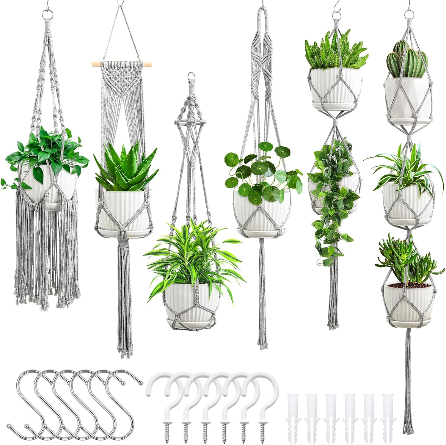Macrame Plant Hangers, 6Pack Hanging Planters for Indoor Plants W/ 6 Set Hangers Kit Handmade Macromay Plant Hangers Indoor Flower Pots Holder Stand for Boho Home Décor (POTS NOT Included)