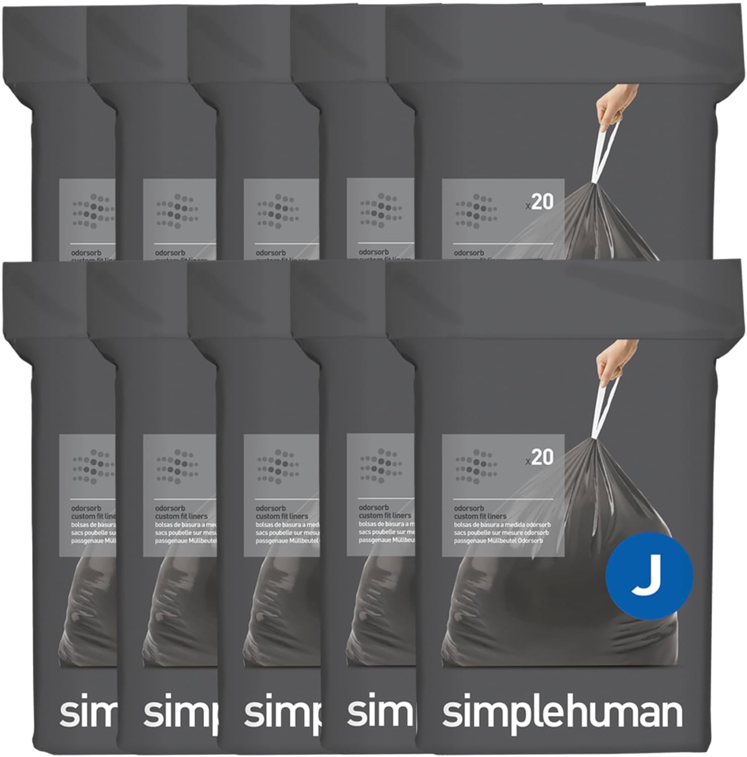 Code J 200 Count, Genuine Odorsorb Custom Fit Liners, Drawstring Odor Absorbing Trash Bags in Dispenser Packs, 30-45 Liter / 8-12 Gallon