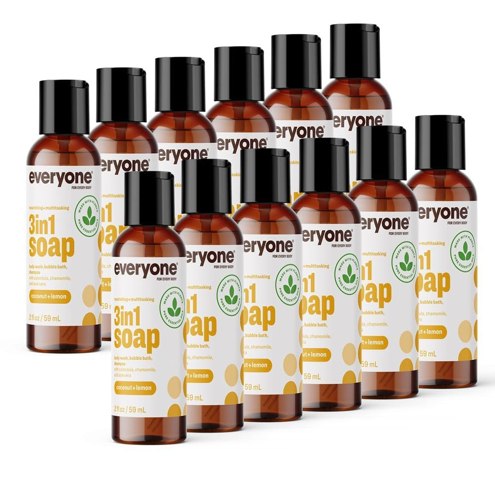 3-In-1 Soap Body Wash, Bubble Bath, Shampoo, Travel Size, 2 Ounce (Pack of 12), Coconut and Lemon, Made with Essential Oils for Men and Women