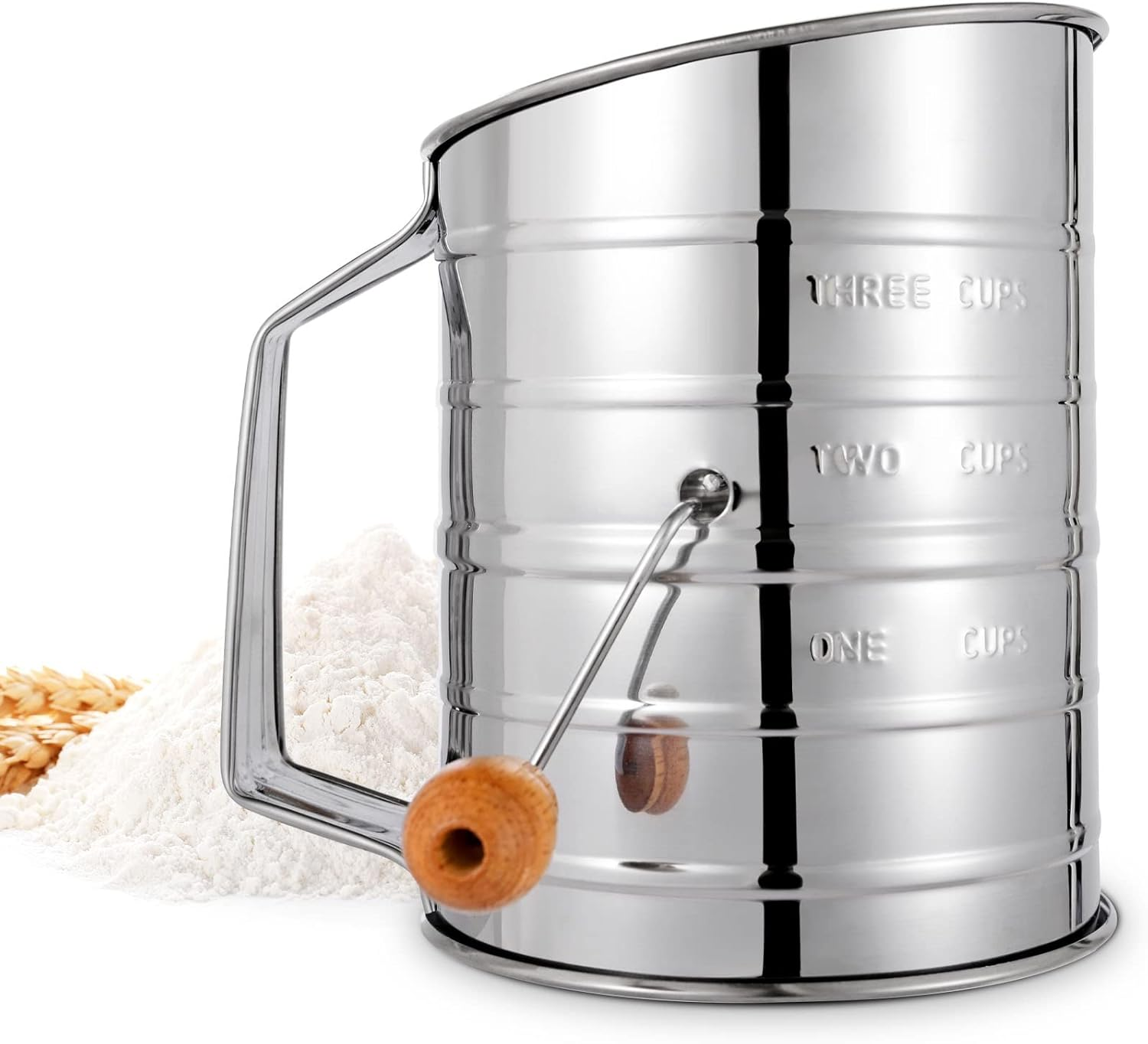 Flour Sifter, 3 Cup Flour Sifter for Baking Fine Mesh Rotary Hand Crank with Loop Agitator for Quick Sifting, Flour Sifter Stainlees Steel, Crank Sifter Flour for Baking Cakes and Spices