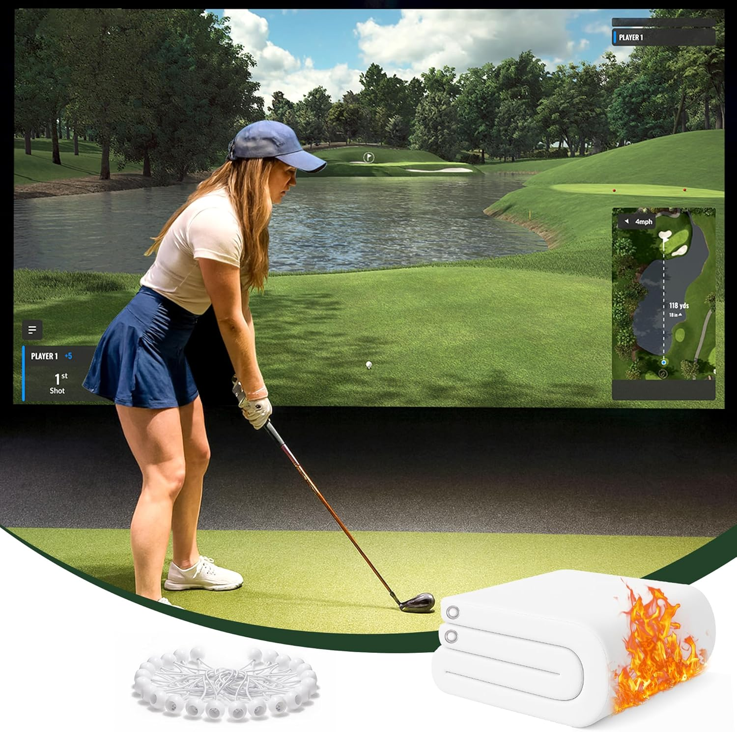 Fireproof Golf Simulator Impact Screen, 3D Air Mesh Impact Screen for Golf Training, Ultra Clear Projector Screen for Home Hittingg Practice Training with Grommet Holes & Bungee Cords