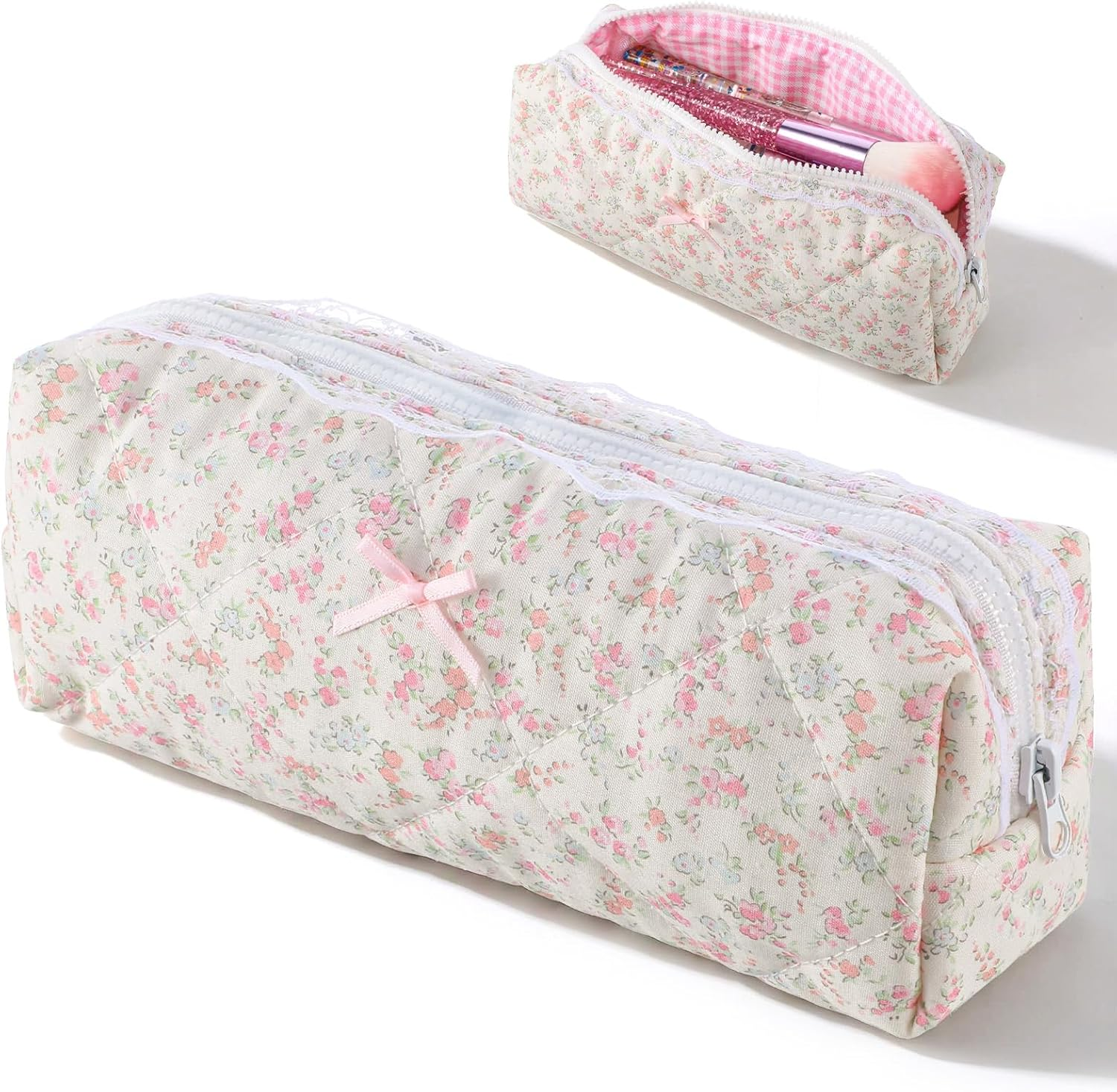 Quilted Makeup Bag Floral Cotton Cosmetic Pouch Large Travel Toiletry Organizer