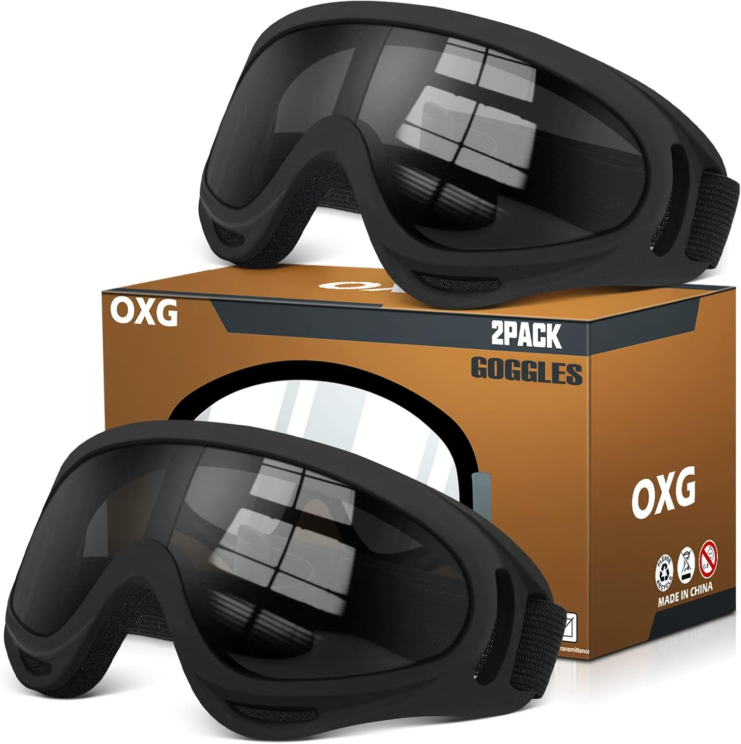 OXG 2 Pairs Motorcycle Goggles Fit Helmet, ATV Ski Goggles Anti-Uv Dustproof Windproof Dirt Bike Goggles for Youth Men Women