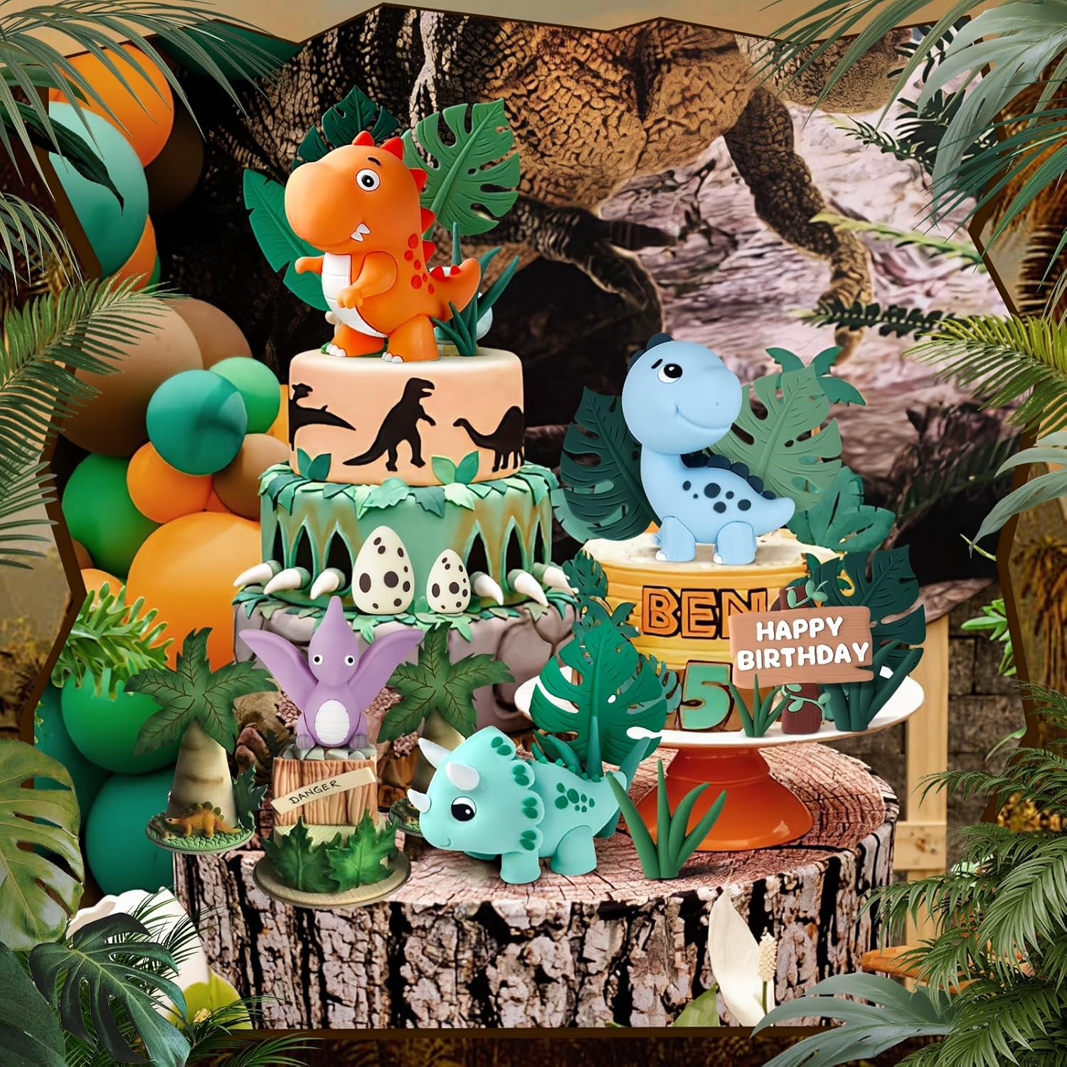 17PCS Dinosaur Cake Topper, Dinosaur Eggs Leaves Grasses Cake Decorations wit... - Picture 6 of 15