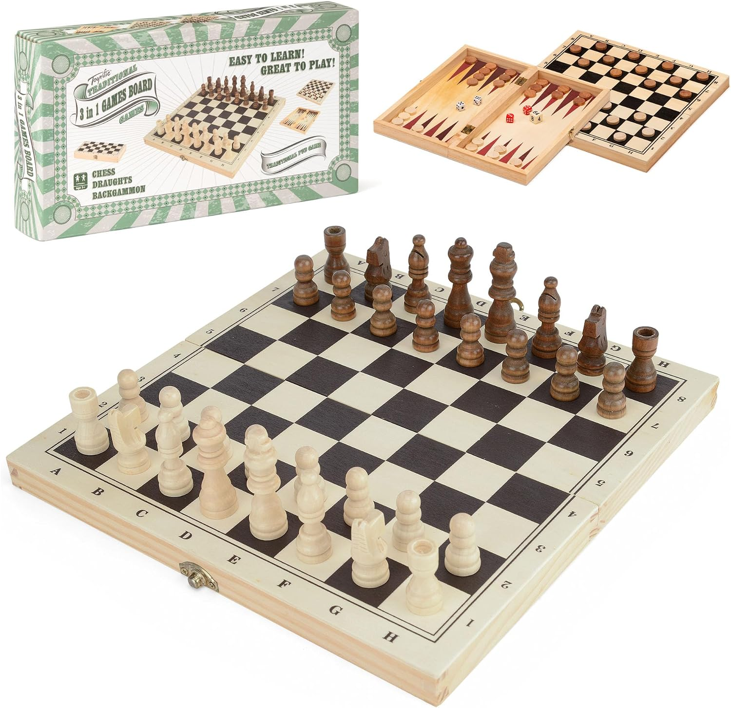 3 in 1 Folding Wooden Board Games Set, Portable Traditional Game Collection with Chess, Draughts and Backgammon for Kids and Families, Ages 3+