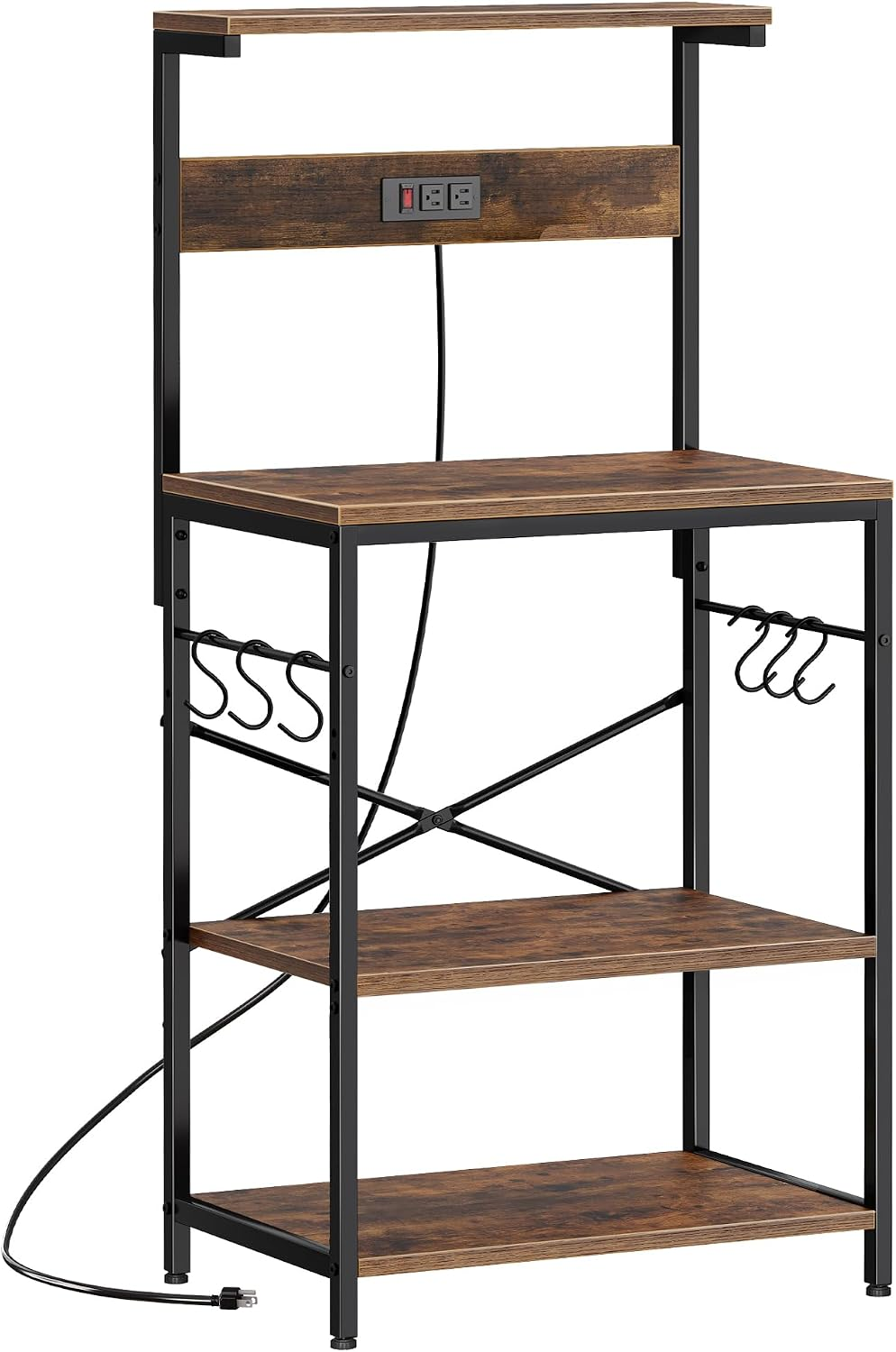 Kitchen Bakers Rack with Power Outlet, Coffee Bar Table 4 Tiers, Kitchen Microwave Stand with 6 S-Shaped Hooks, Storage Shelf Rack for Spices, Pots and Pans - Rustic Brown