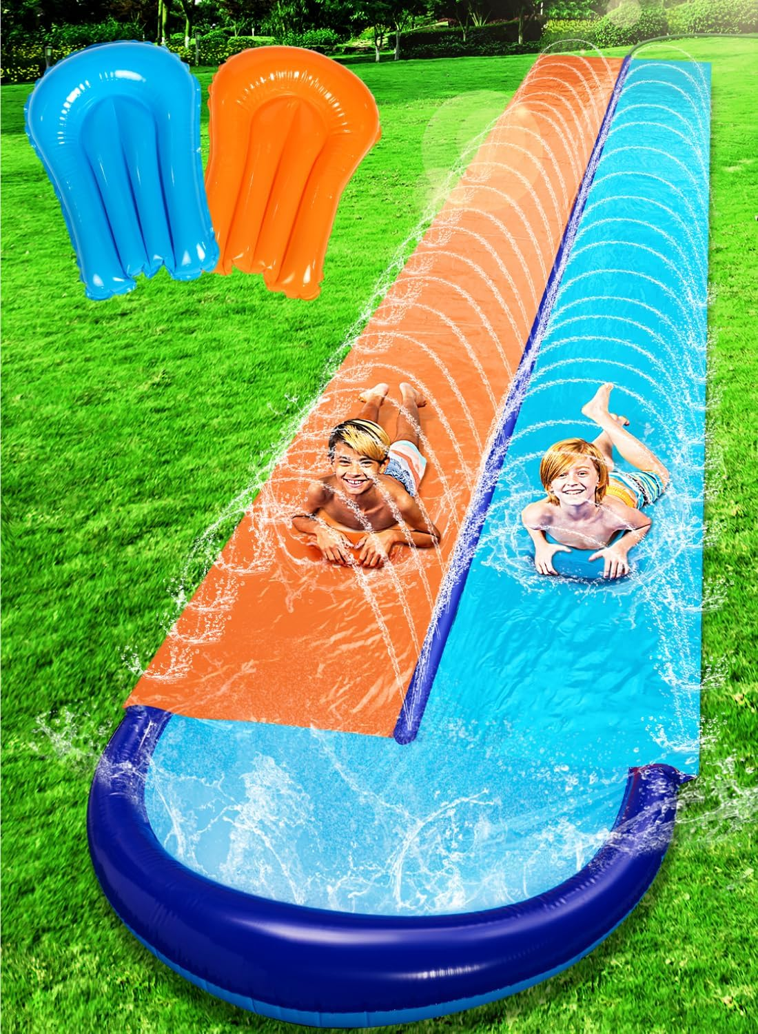 32.5FT Double Water Slides, Heavy Duty Lawn Slip with Sprinkler and 2 Inflatable Boards Backyard Yard Lawn Summer Outdoor Water Toy for Kids Adults