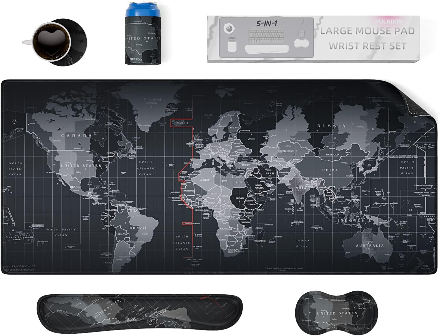 5 in 1 Keyboard Mouse Pad Set, Mouse Pad Wrist Support, Extended Gaming + Keyboard Wrist Rest Support, (34.5×15.7 In) Large Ergonomic Mousepad Desk Mat Combo -Black World Map (1-5 Sets-World Map)