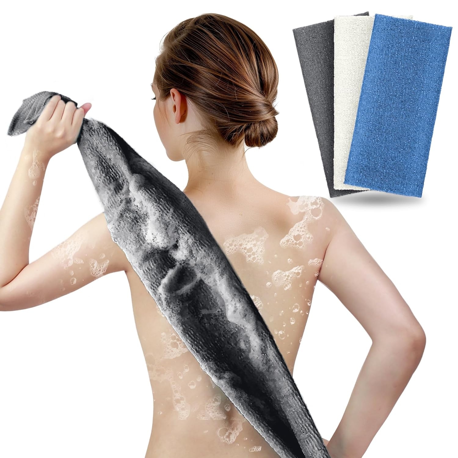 Exfoliating Back Scrubber & Body Washcloth (3 Pack), 35-Inch Japanese Exfoliation Towel for Shower, Deep Cleansing Nylon Beauty Cloth for Smooth Skin (Black Off-White Navy-Blue)