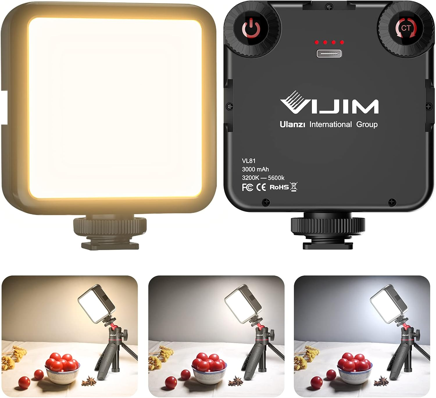 VIJIM LED Video Light, VL81 on Camera Light with 3 Cold Shoe Rechargeable 3000Mah Battery Bicolor Dimmable 3200K-5600K CRI95+ Portable Photography Photo Lighting Panel for Youtube DSLR Camcorder Vlog