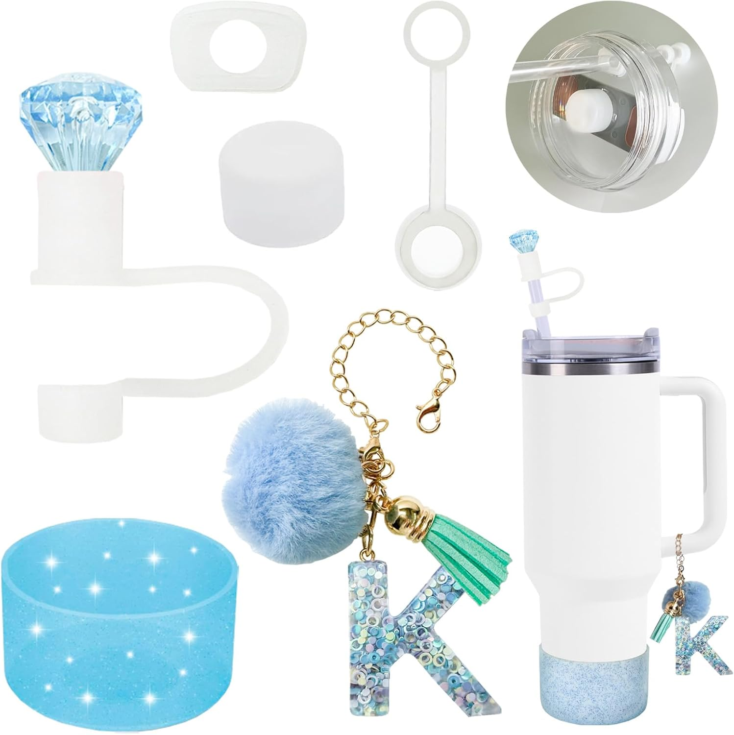 6-Pcs Stanley Cup Accessories Set,10Mm Straw Topper, Letter Charms,Diamond Straw Covers,Bling Silicone Boot, Spill-Proof Compatible Stanley Cup Accessories(Blue K)