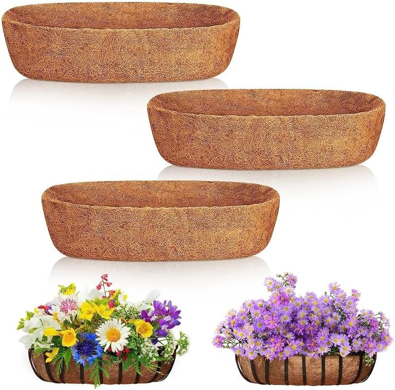 Coconut Fiber Planter Liner, 3PCS 30 Inch Natural Coco Liners for Deck Hanging Planter Window Box Liners Half Moon Shape Replacement for Flower Pots Horse Trough Hanging Basket Vegetables Pot