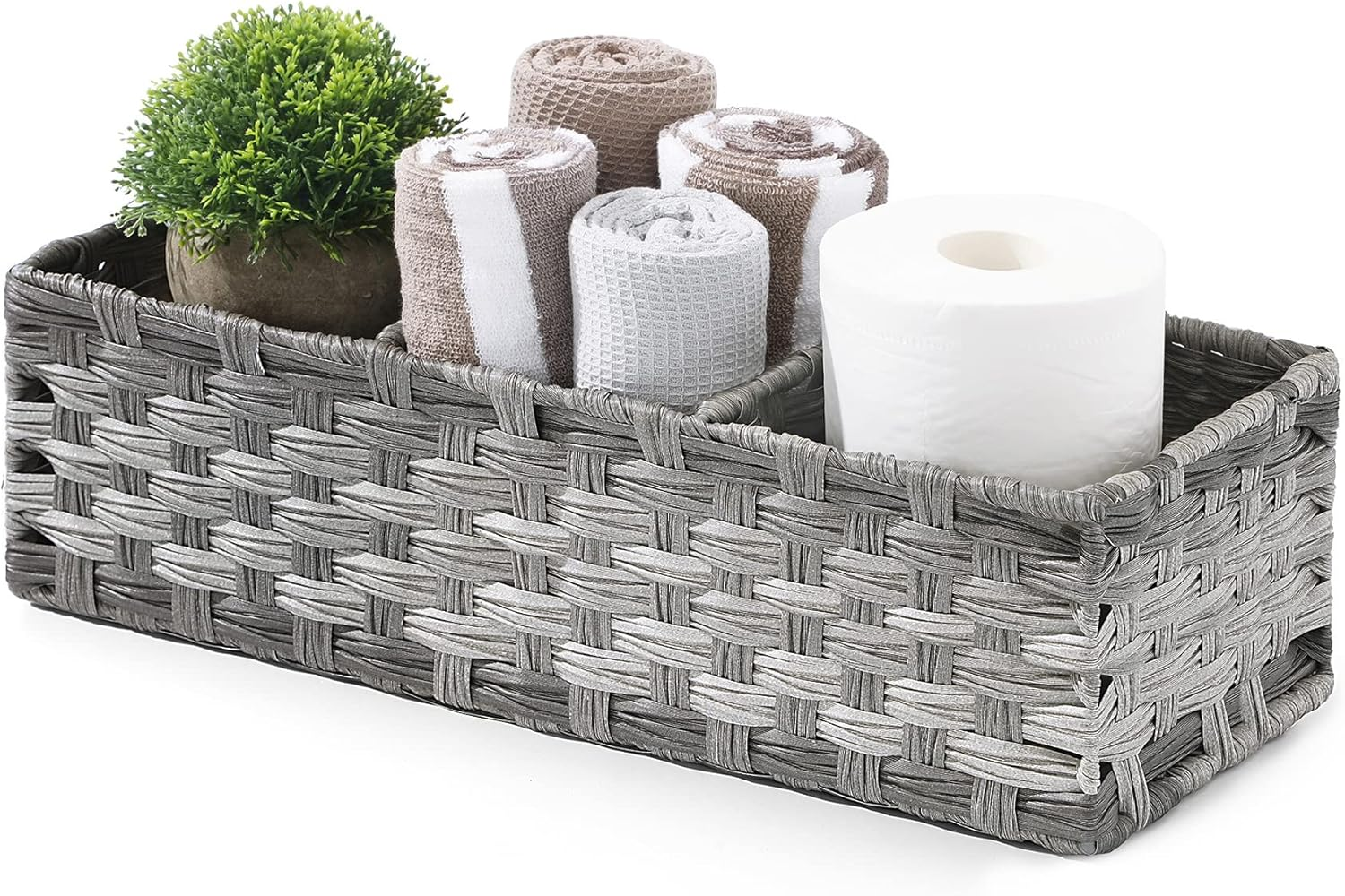 [Larger Compartments] Toilet Tank Topper Paper Basket - Multiuse Hand Woven Plastic Wicker Basket with Divider for Organizing, Rustic Farmhouse Bathroom Decor, Countertop Organizer Storage, Grey