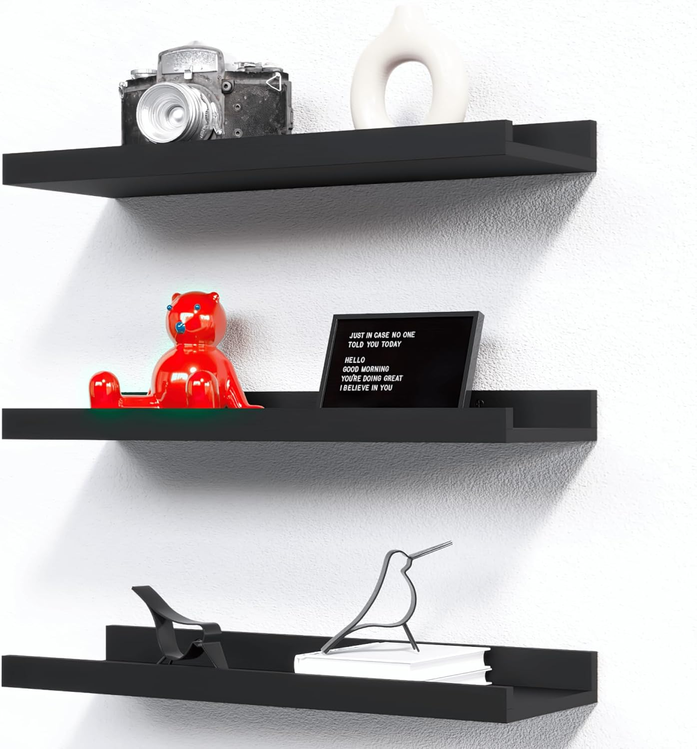3 Set Floating Shelves for Wall, 16 Inches Black Wall Mounted Shelves with Lip for Storage, Display Picture Ledge Shelf for Bedroom Bathroom Kitchen Living Room Decor, Modern Black