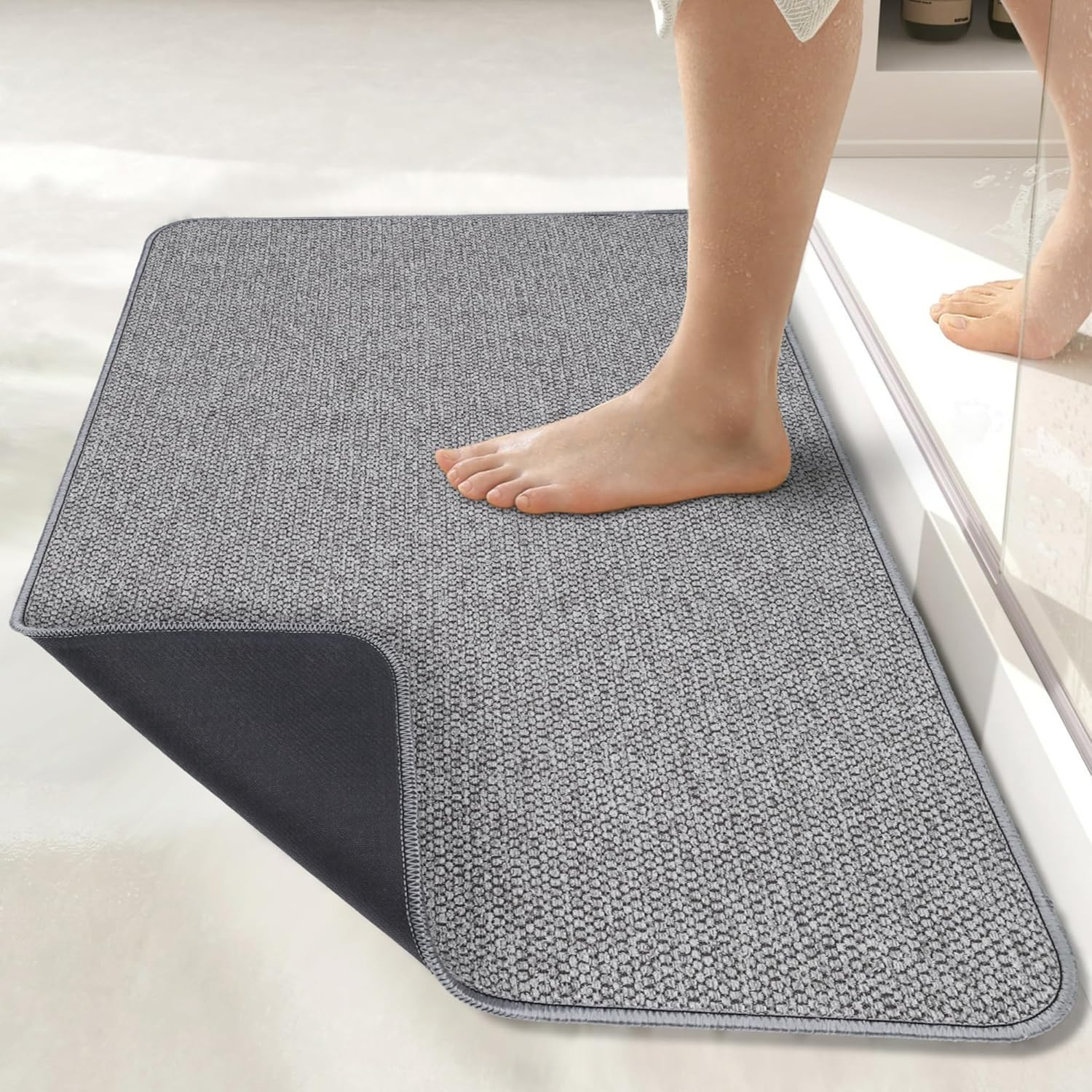Bath Mat,Ultra Thin Bathroom Rugs,Rubber Bath Mats for Bathroom,No Slip Bath Rugs,Quick Dry,Machine Washable,Low Pile,Absorbent,Shower Outside,Sink,Home Decor Accessories.Grey,1'5