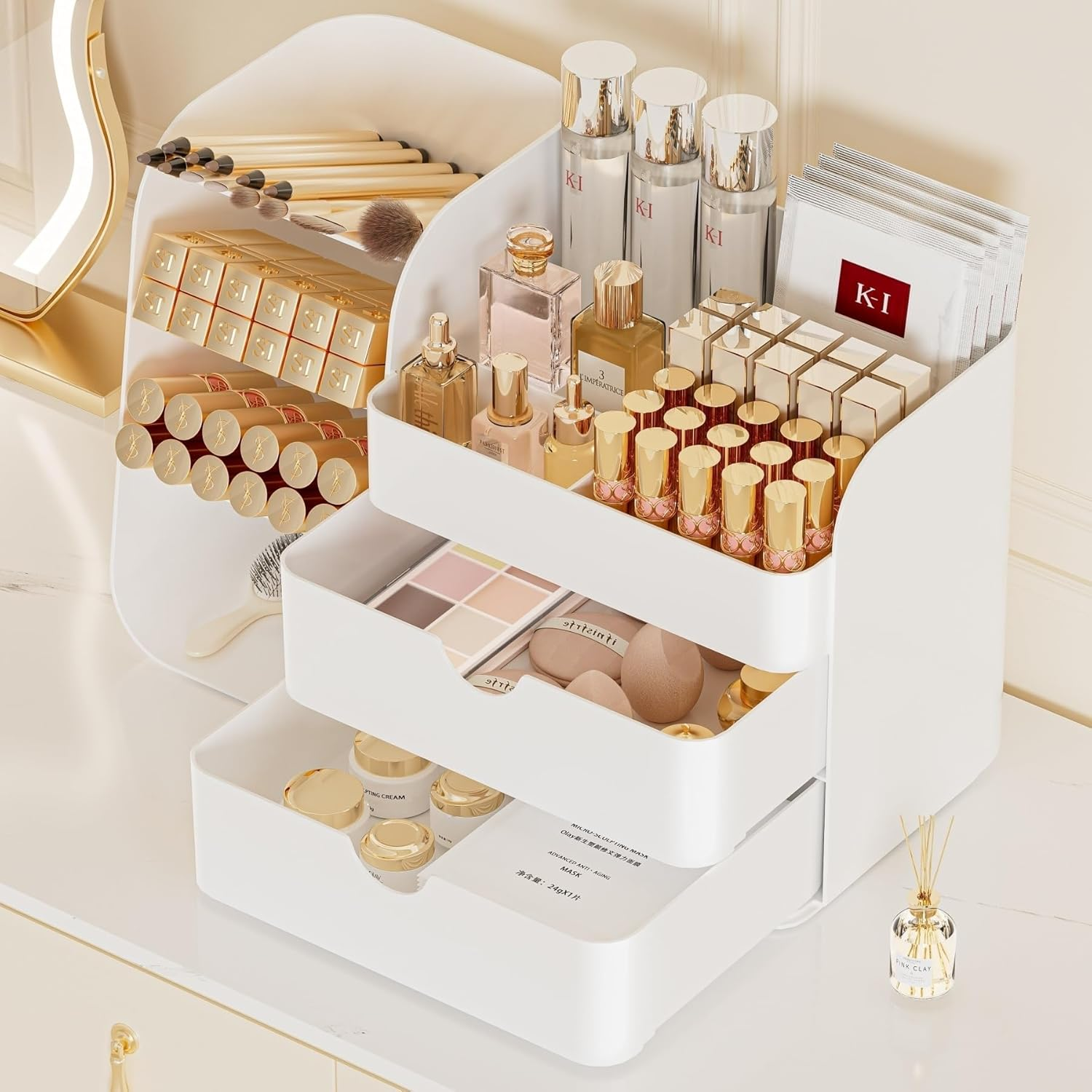Organizador de maquillaje para tocador con cajones y compartimentos de blanco