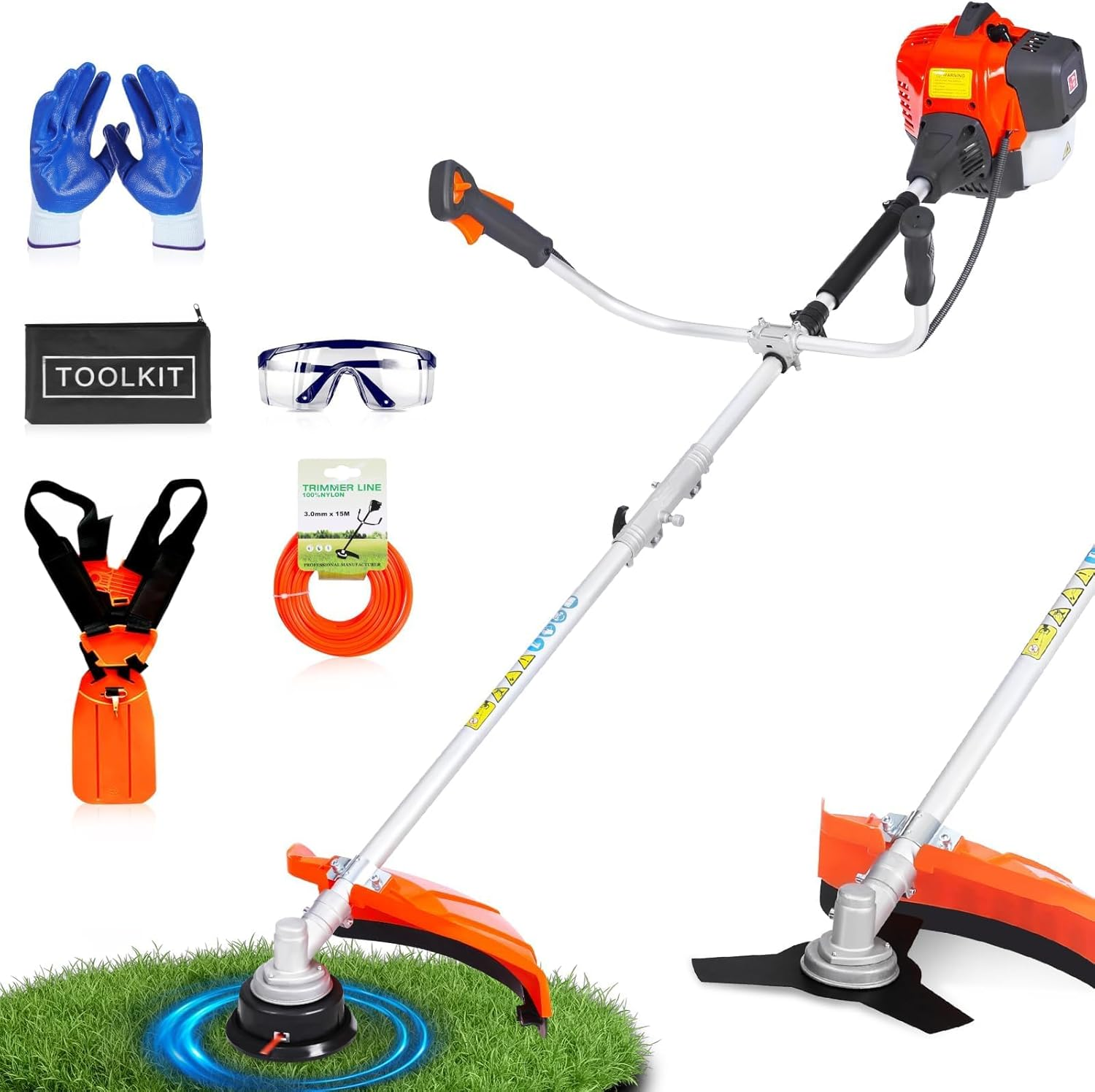 52Cc Gas Weed Wacker, 3-In-1 Brush Cutter, String Trimmer & Edger, Heavy-Duty Gas Weed Wacker for Lawn Care, 2-Cycle Engine, Easy Start, 18" Cutting Path for Effortless Yard Care (Orange)
