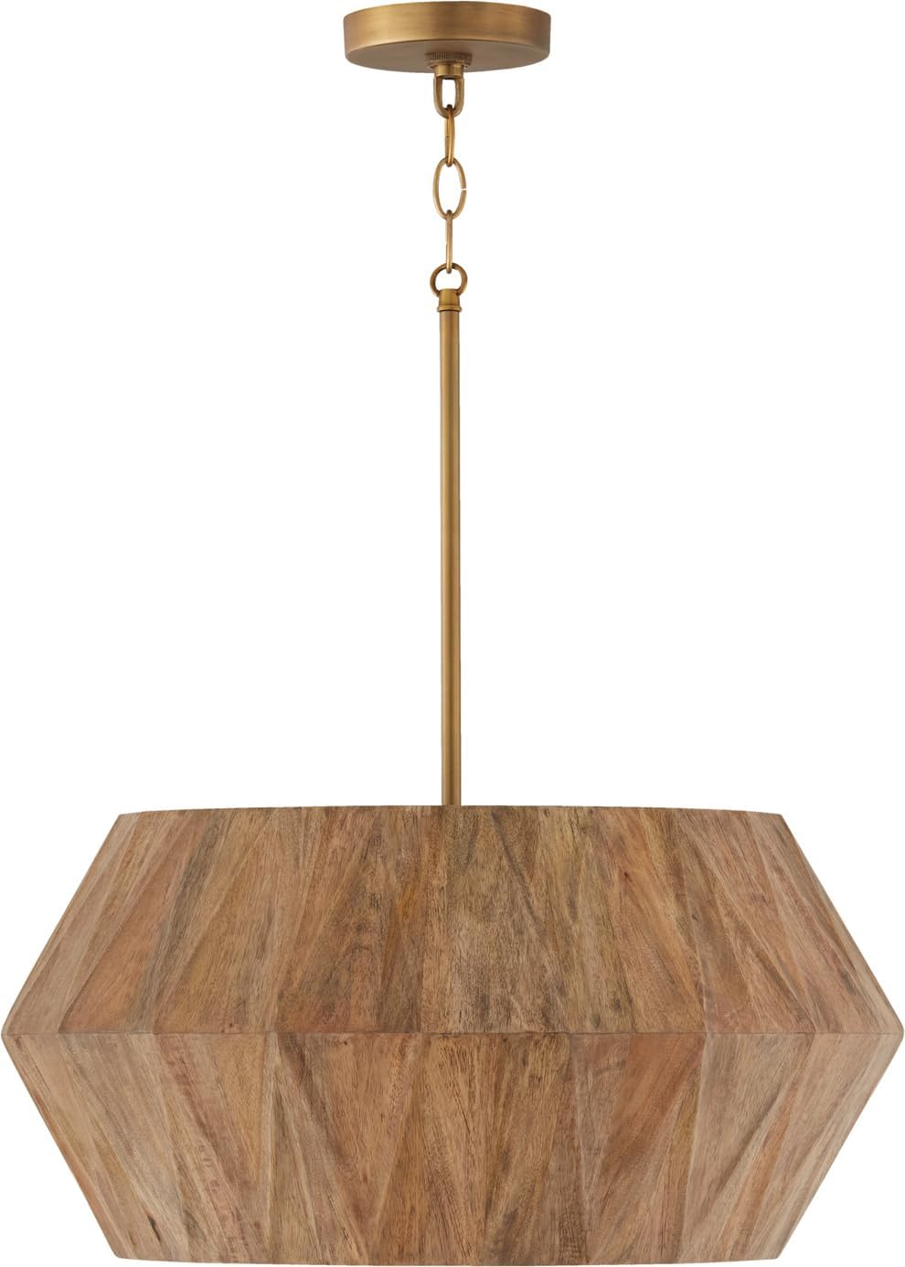 Handcrafted Mango Wood Pendant Light with Patinaed Brass, 4-Light, Modern Design