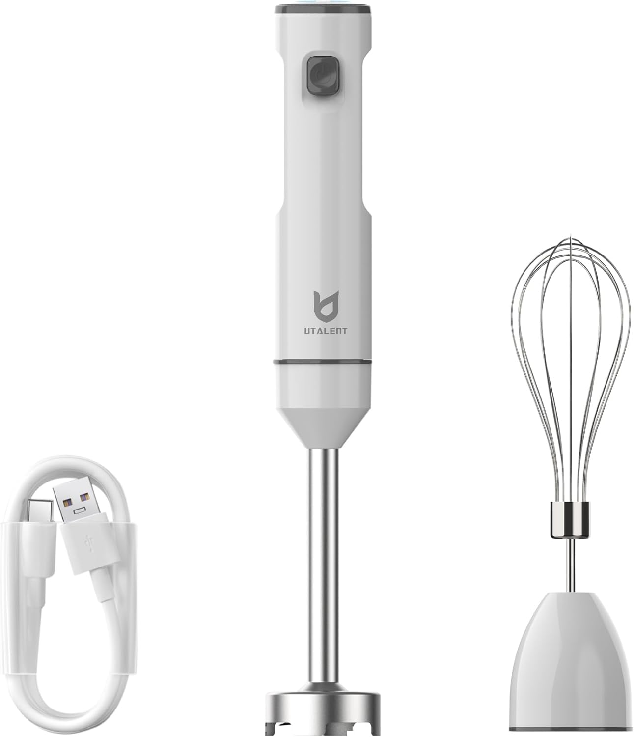 Cordless Hand Blender,  Variable Speed Immersion Blender Handheld Rechargeable, with USB-C Charging Cable, Egg Whisk, for Smoothies, Milkshakes, Hummus and Soups – White