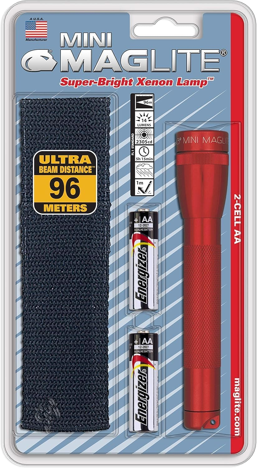 Maglite Mini Incandescent Flashlight – Compact, Water-Resistant, Twist On/Off, 2-Cell AA Battery-Powered with Holster – Red