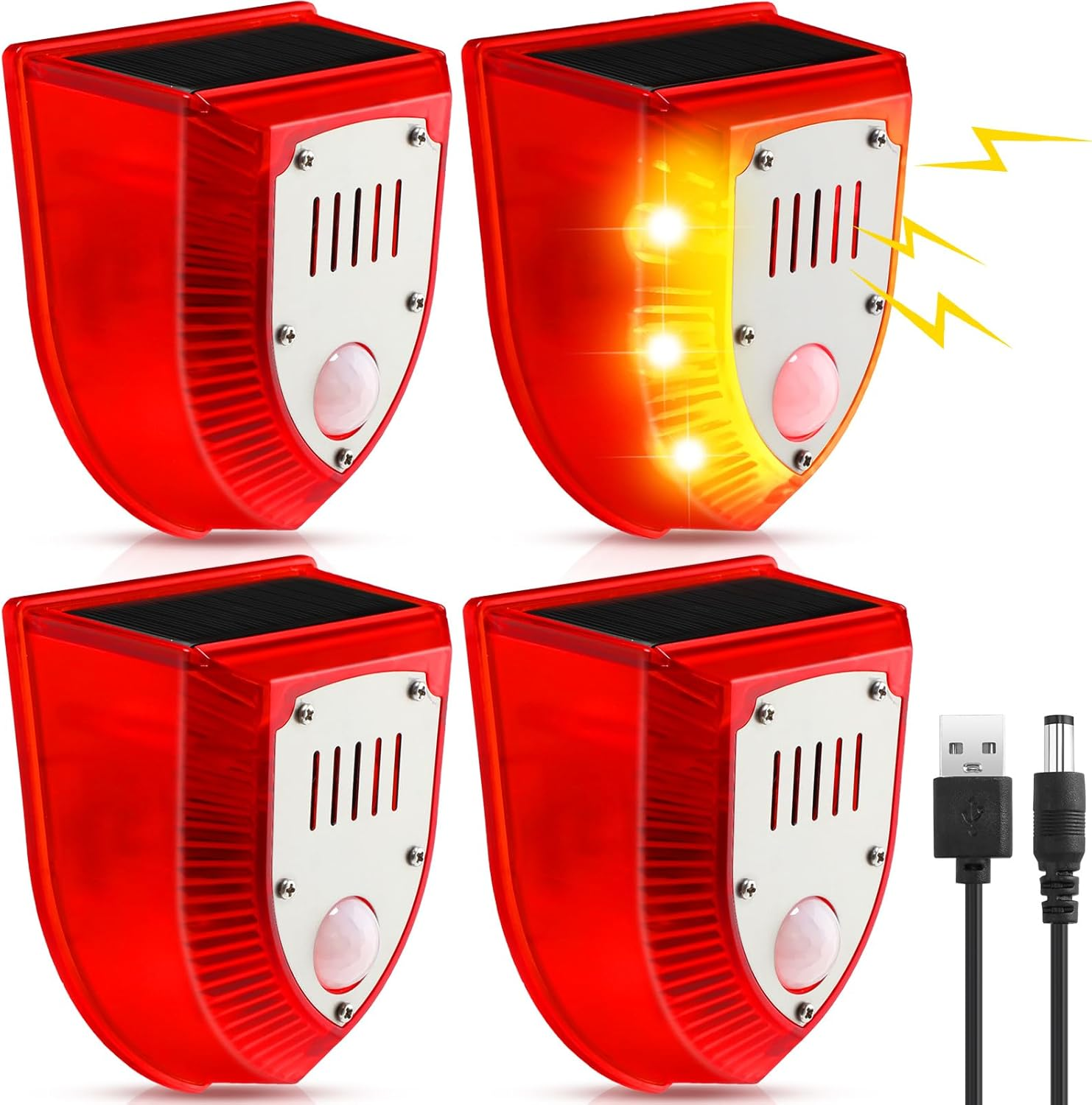 4 Pcs Solar Alarm Motion Detector with Sound Outdoor Motion Sensor 129Db Barking Dog Strobe Light Gunshot Sound Alarm Detector Noise Maker Warning Lamp for Home Villa Yard Farm